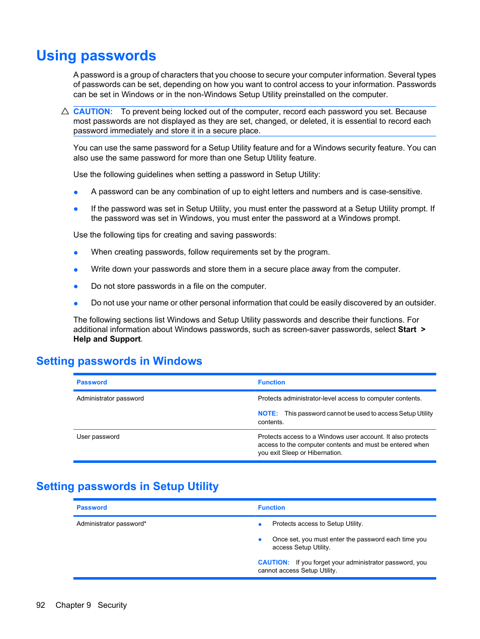 Using passwords, Setting passwords in windows, Setting passwords in setup utility | HP G62-a21EZ Notebook PC User Manual | Page 102 / 126