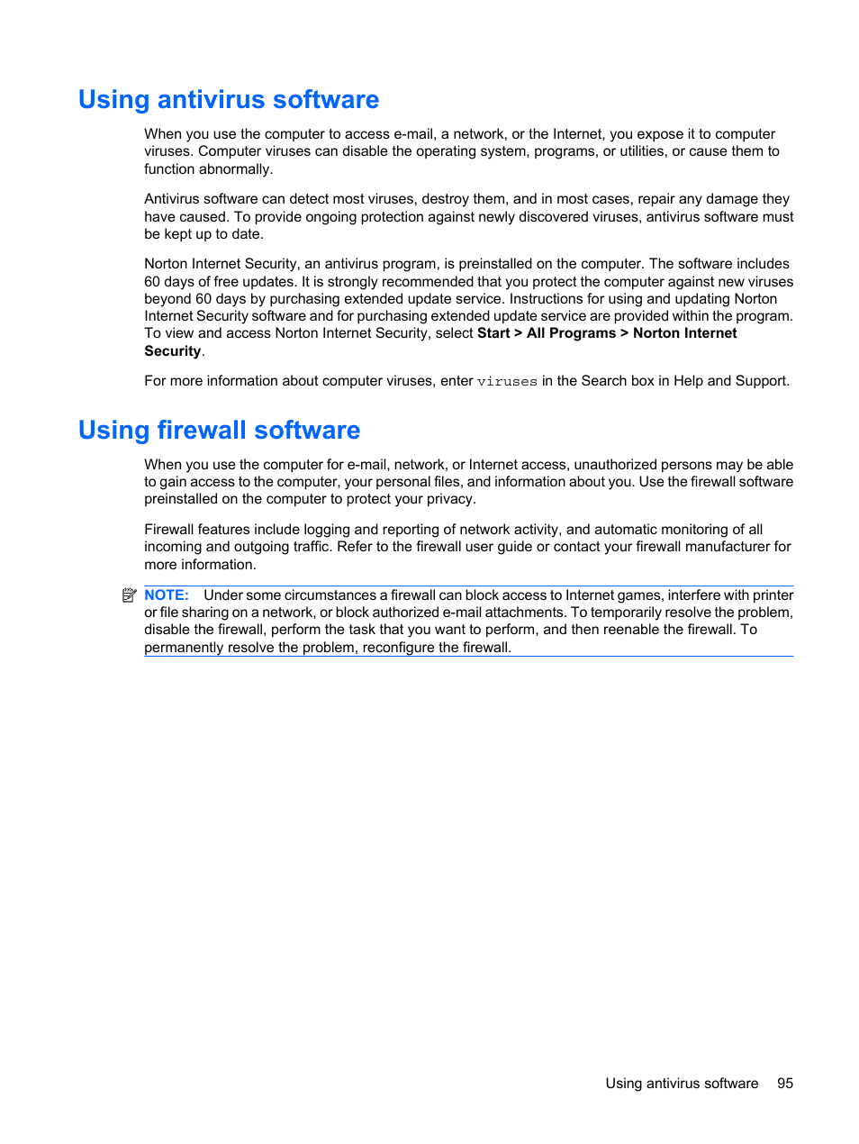 Using antivirus software, Using firewall software, Using antivirus software using firewall software | HP G62-a21EZ Notebook PC User Manual | Page 105 / 126