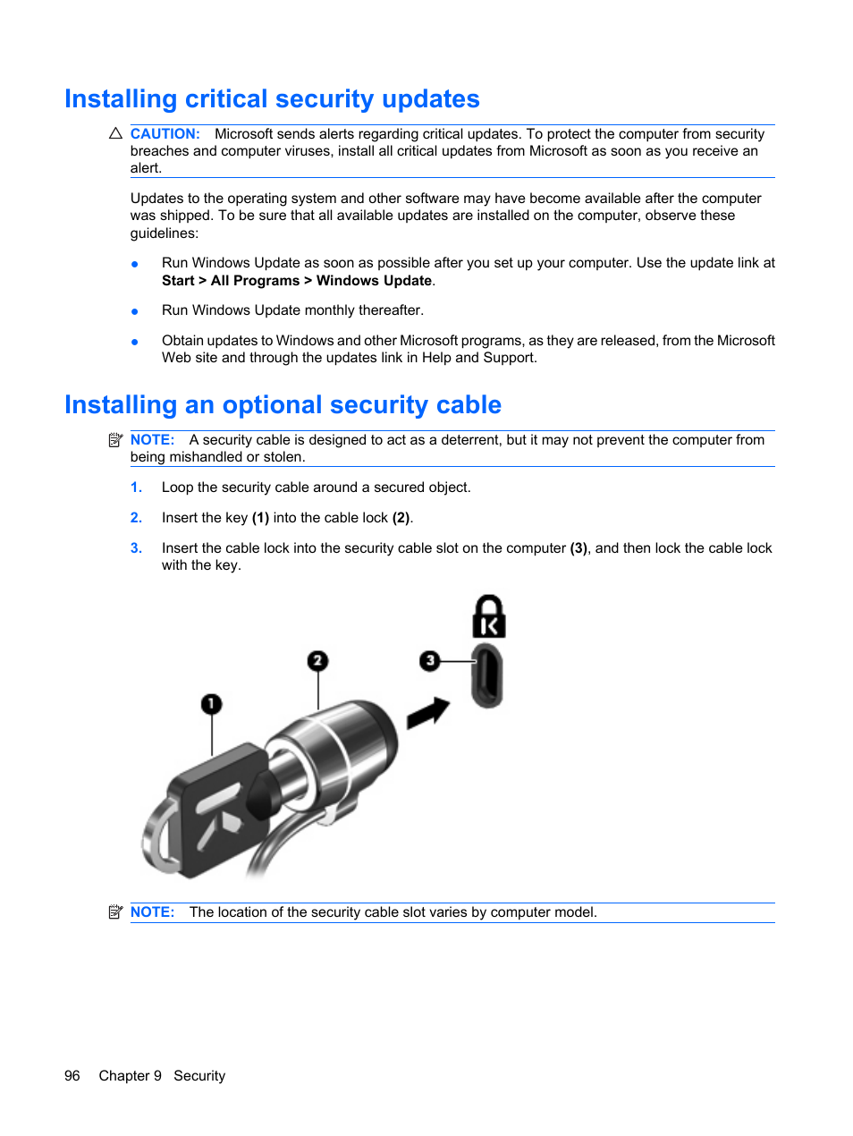 Installing critical security updates, Installing an optional security cable | HP G62-a21EZ Notebook PC User Manual | Page 106 / 126