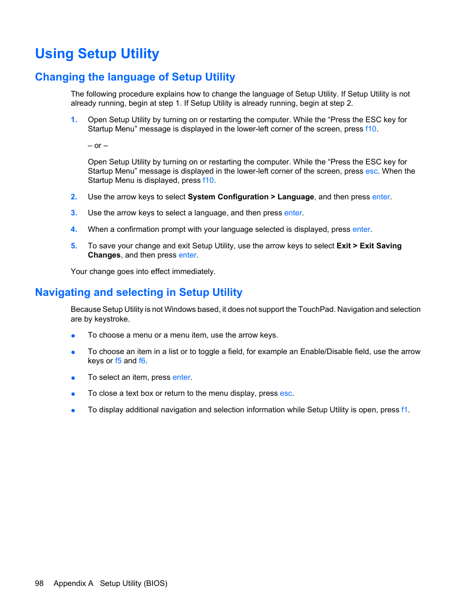 Using setup utility, Changing the language of setup utility, Navigating and selecting in setup utility | HP G62-a21EZ Notebook PC User Manual | Page 108 / 126