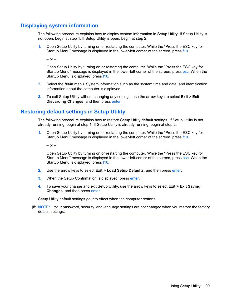 Displaying system information, Restoring default settings in setup utility | HP G62-a21EZ Notebook PC User Manual | Page 109 / 126