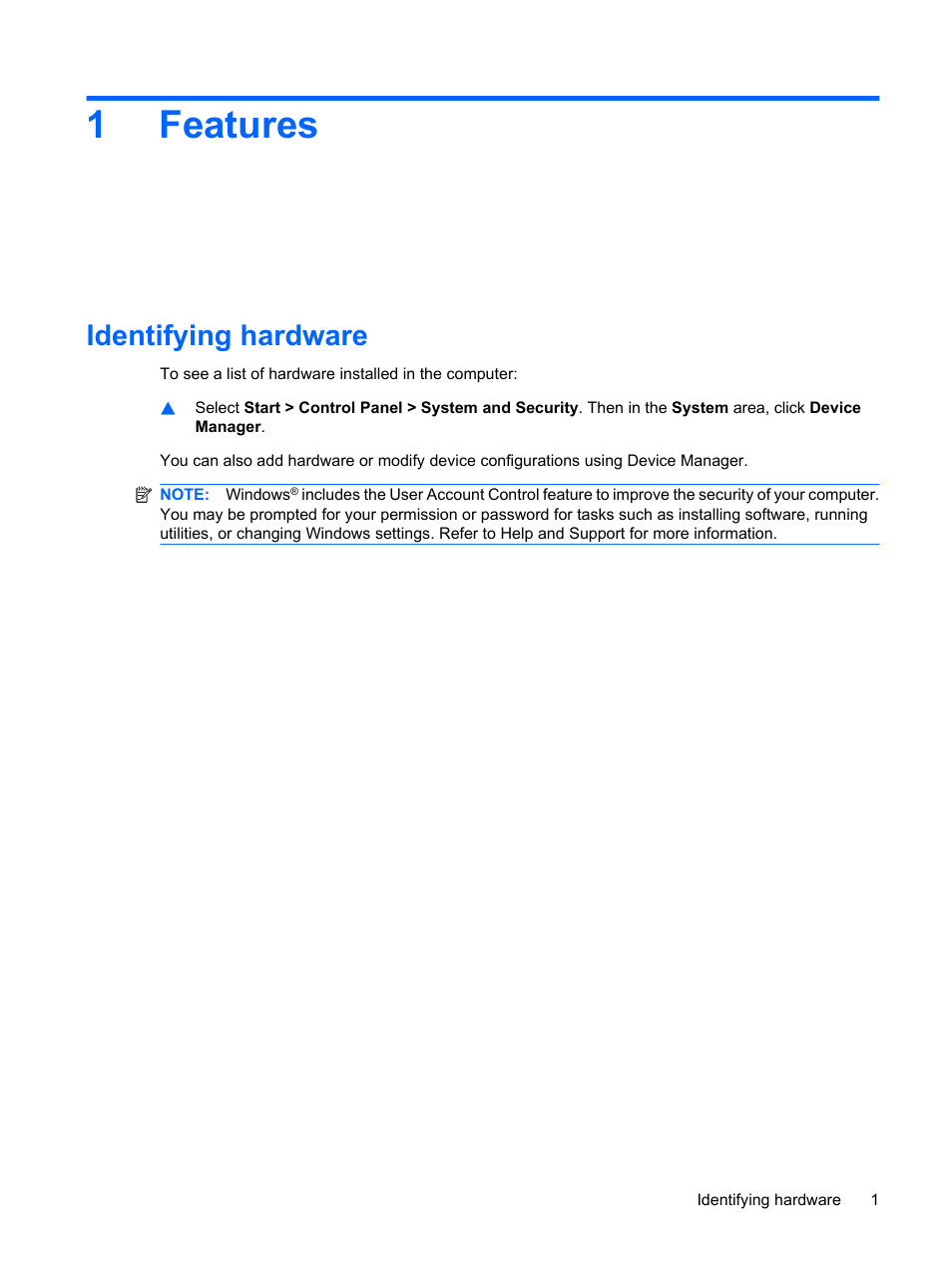 Features, Identifying hardware, 1 features | 1features | HP G62-a21EZ Notebook PC User Manual | Page 11 / 126