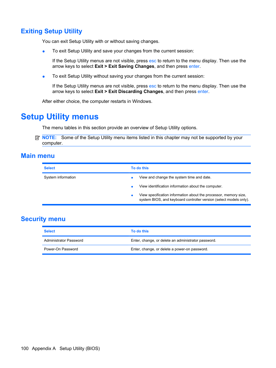 Exiting setup utility, Setup utility menus, Main menu | Security menu, Main menu security menu | HP G62-a21EZ Notebook PC User Manual | Page 110 / 126