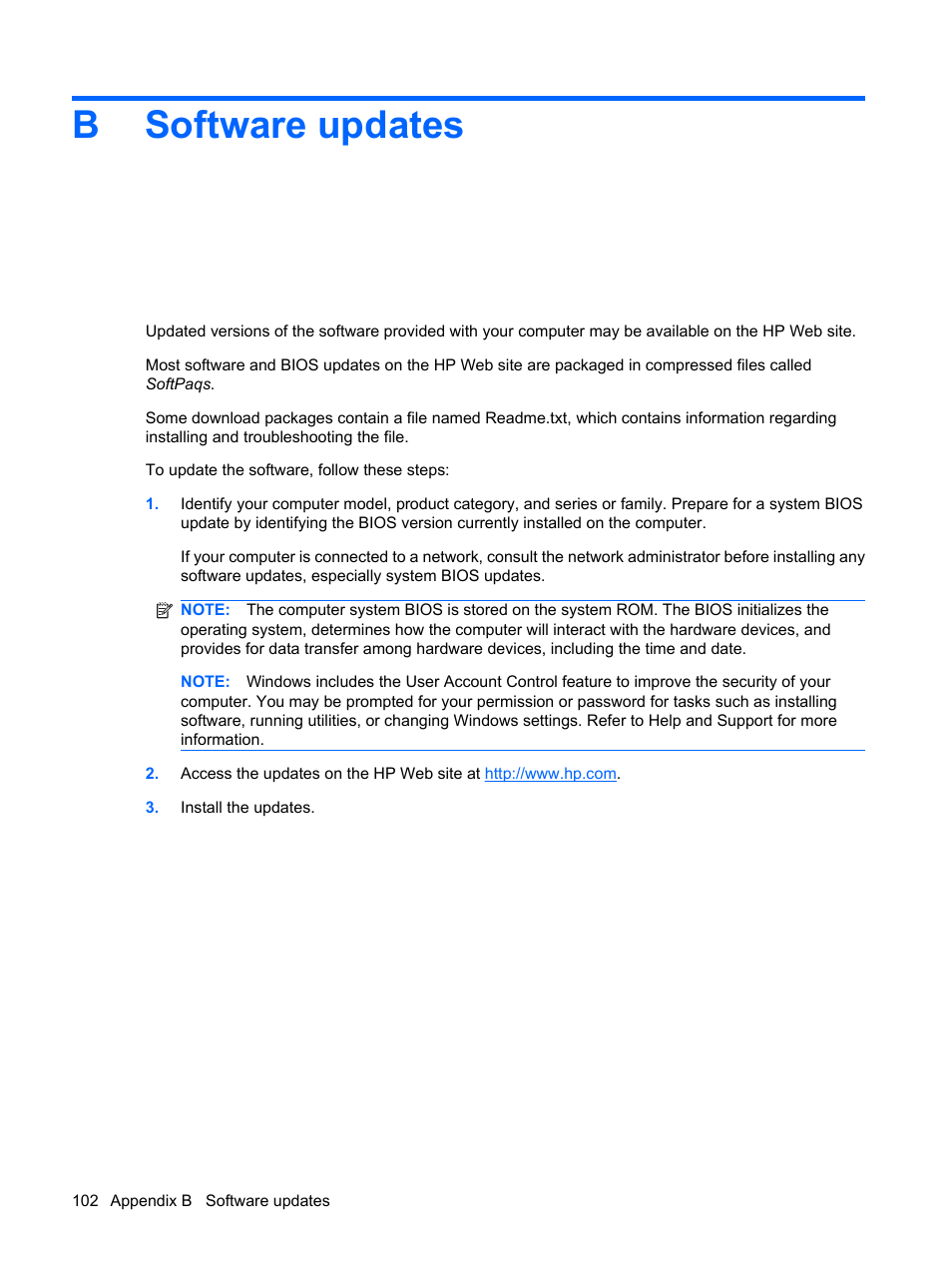 Software updates, Appendix b software updates, Bsoftware updates | HP G62-a21EZ Notebook PC User Manual | Page 112 / 126