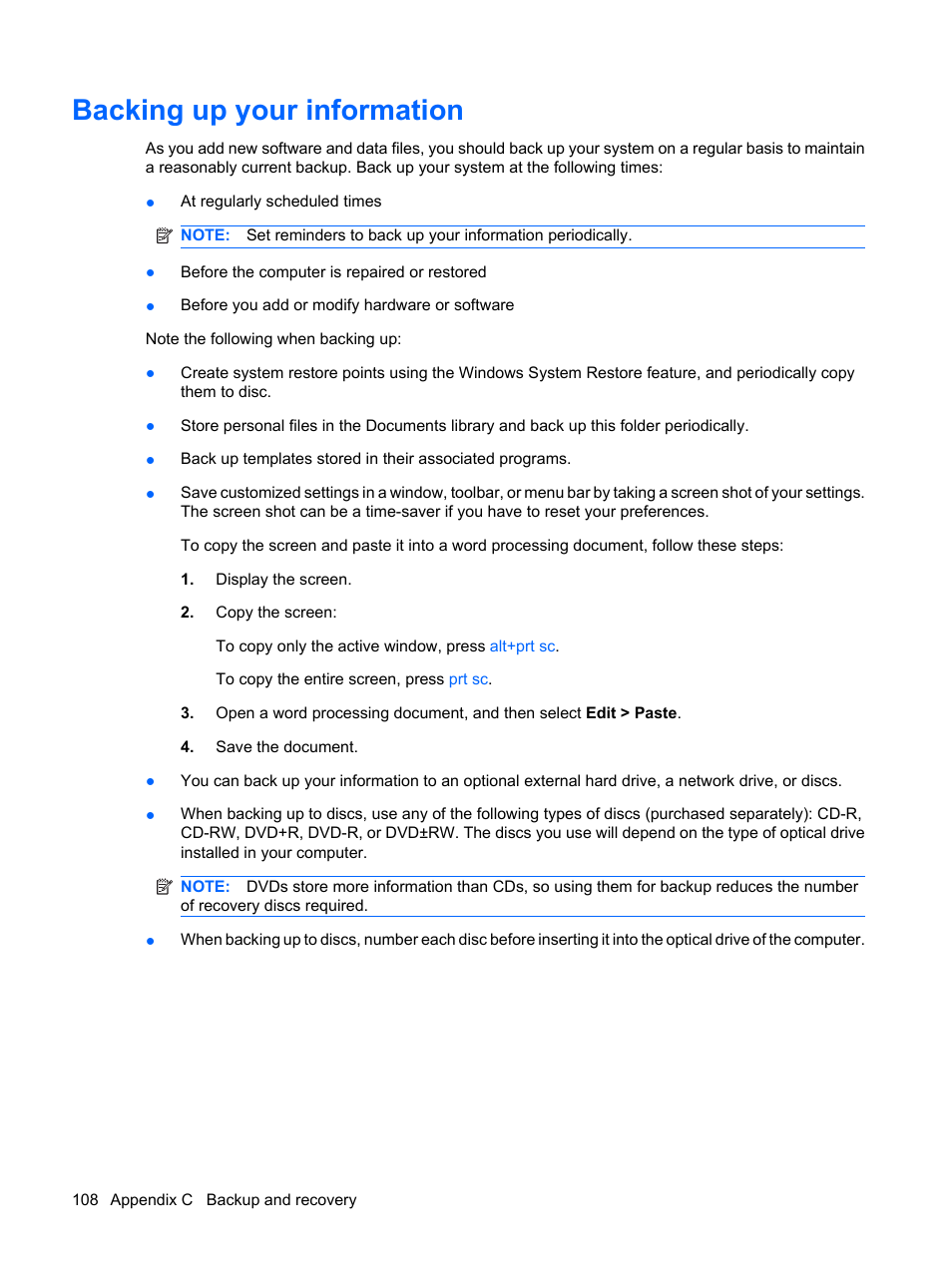 Backing up your information | HP G62-a21EZ Notebook PC User Manual | Page 118 / 126