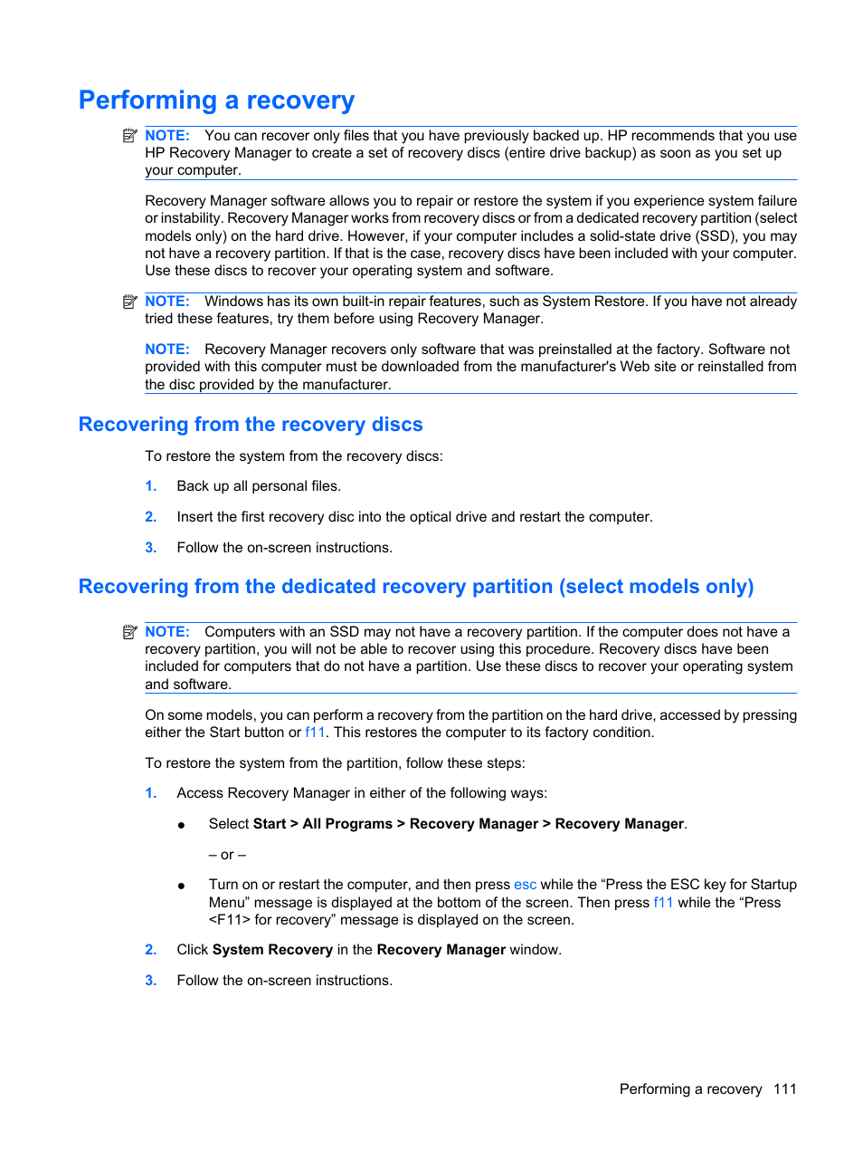 Performing a recovery, Recovering from the recovery discs | HP G62-a21EZ Notebook PC User Manual | Page 121 / 126