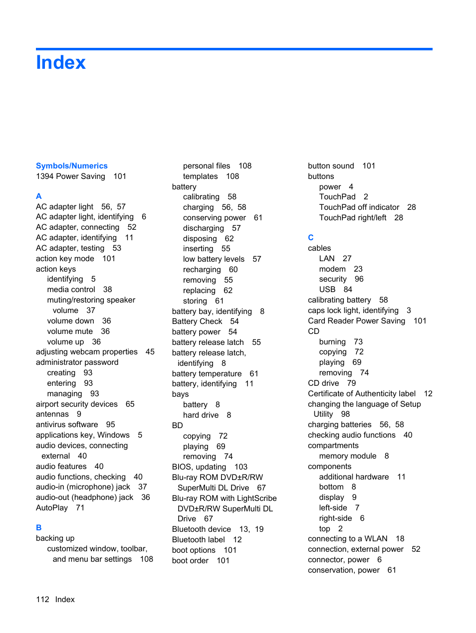 Index | HP G62-a21EZ Notebook PC User Manual | Page 122 / 126