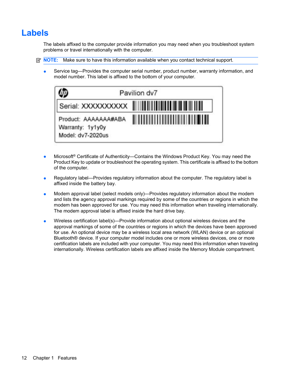 Labels | HP G62-a21EZ Notebook PC User Manual | Page 22 / 126