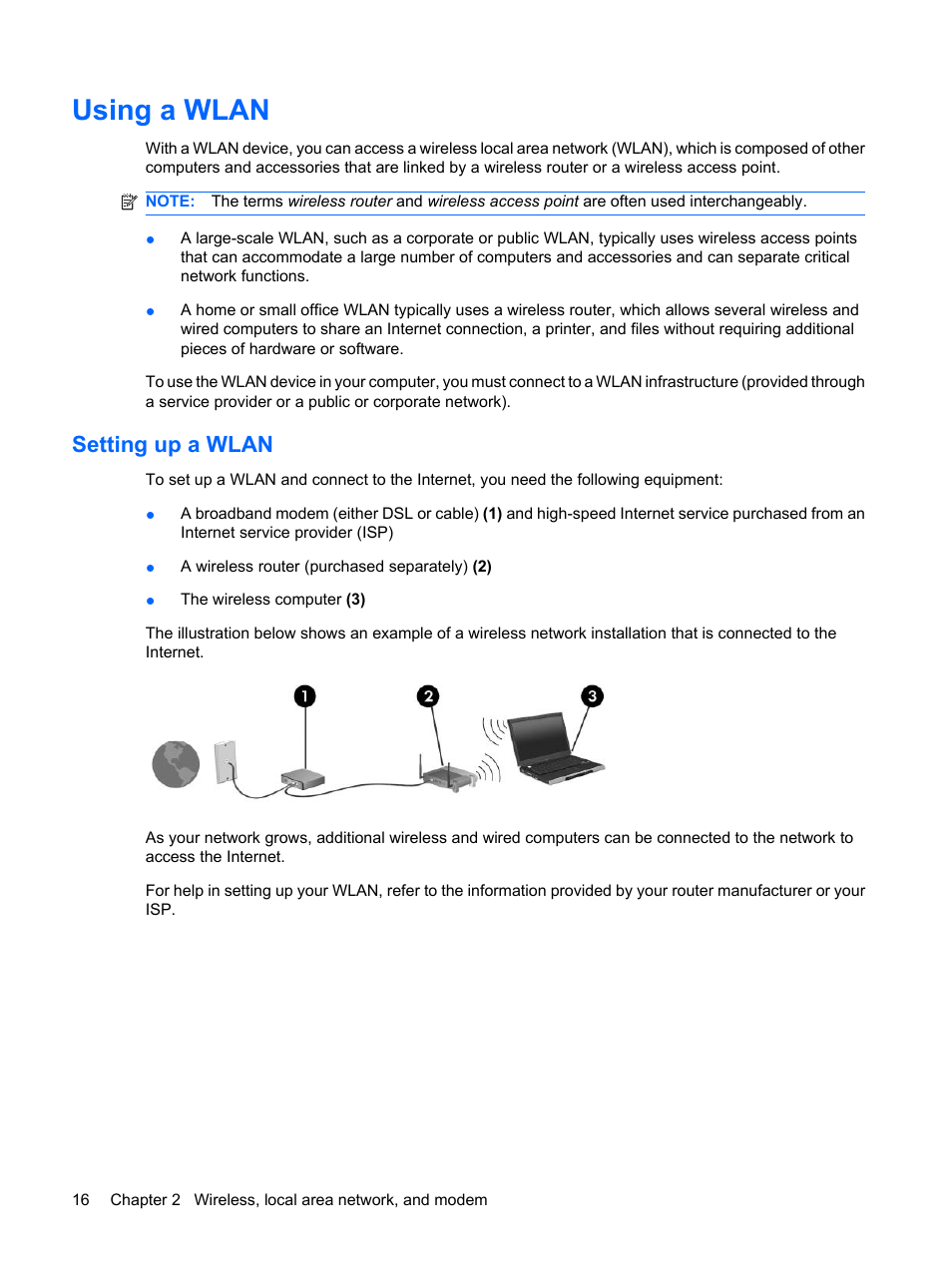 Using a wlan, Setting up a wlan | HP G62-a21EZ Notebook PC User Manual | Page 26 / 126