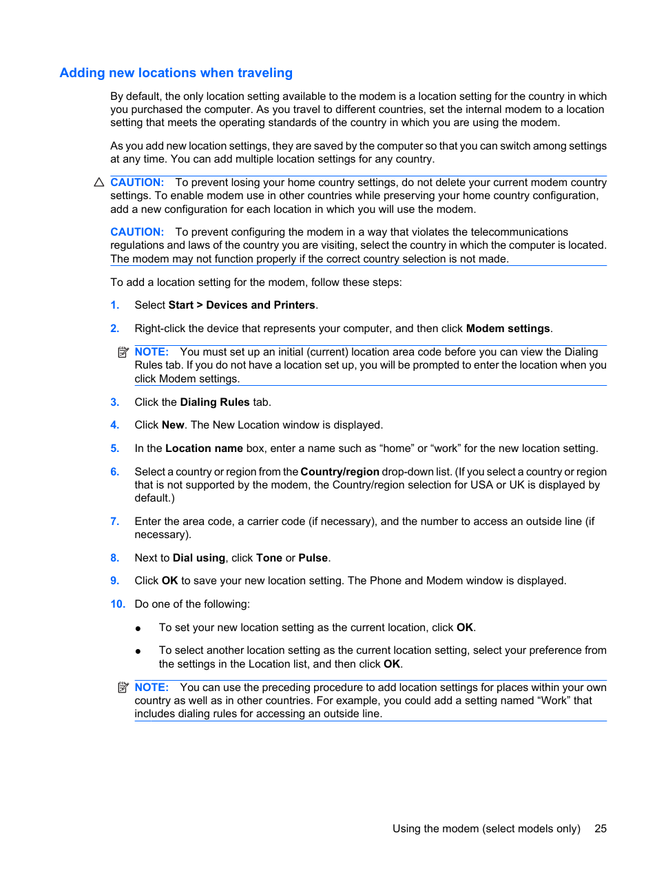 Adding new locations when traveling | HP G62-a21EZ Notebook PC User Manual | Page 35 / 126