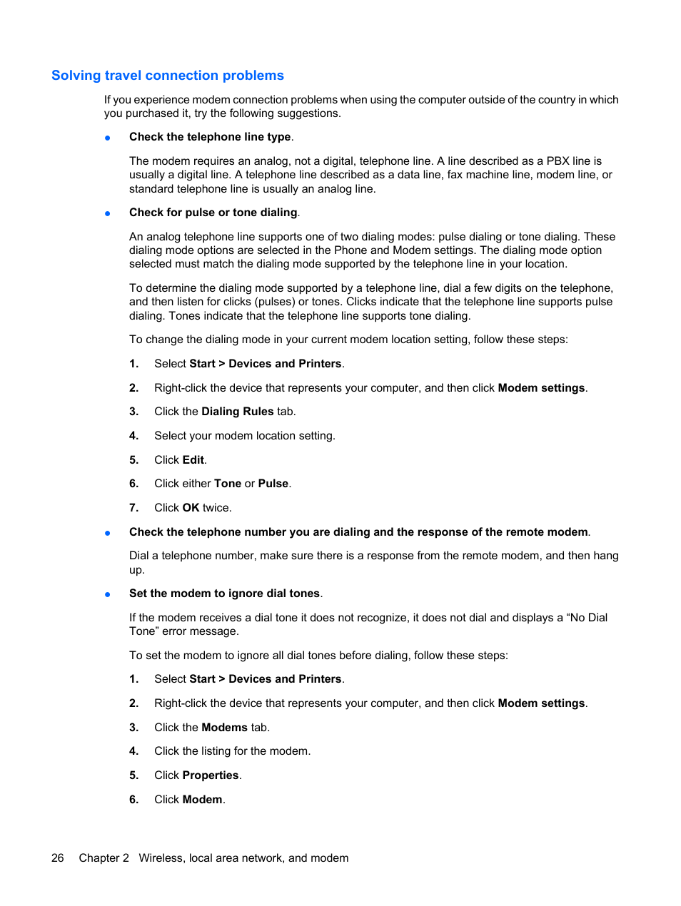 Solving travel connection problems | HP G62-a21EZ Notebook PC User Manual | Page 36 / 126