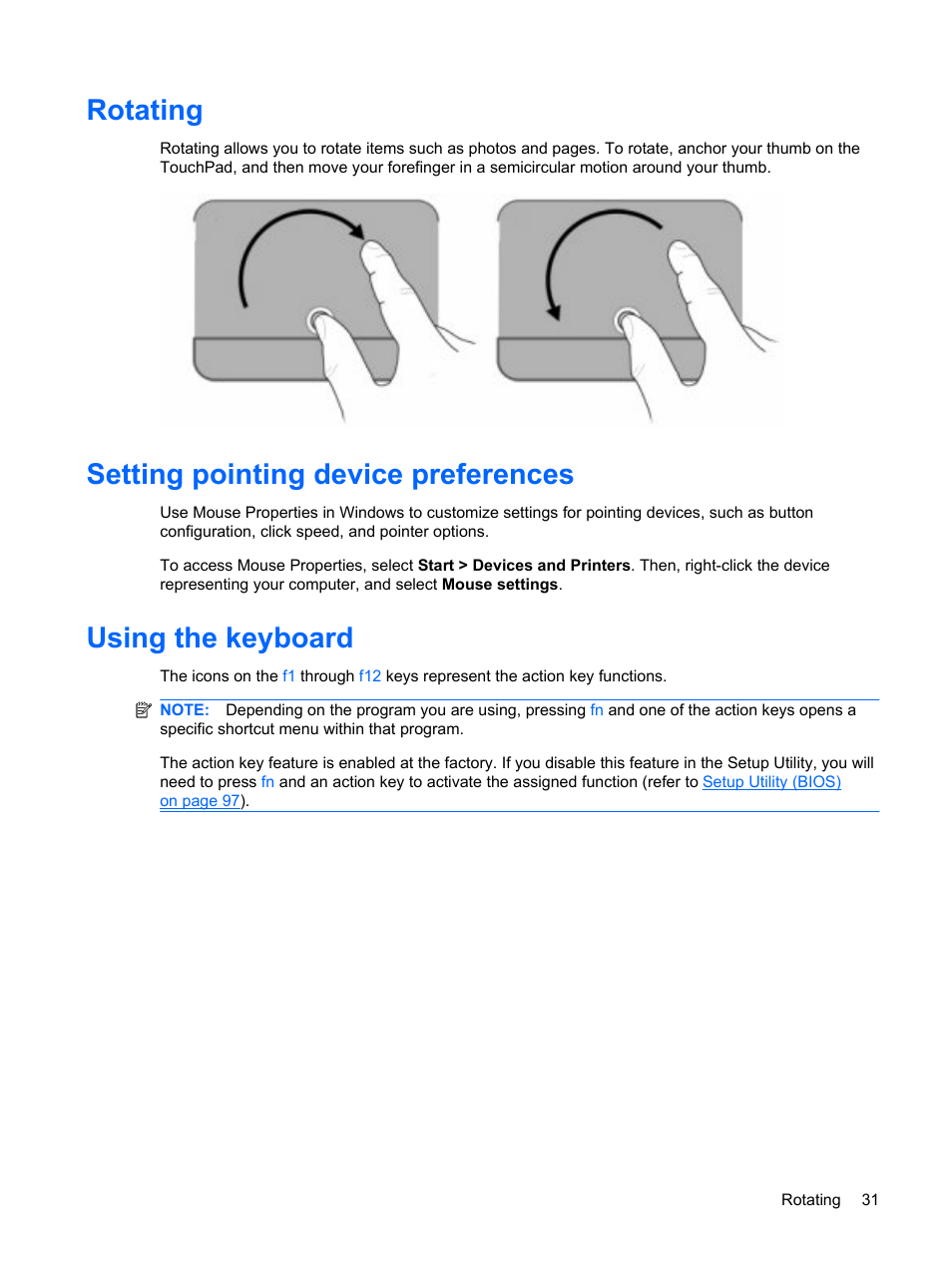Rotating, Setting pointing device preferences, Using the keyboard | HP G62-a21EZ Notebook PC User Manual | Page 41 / 126