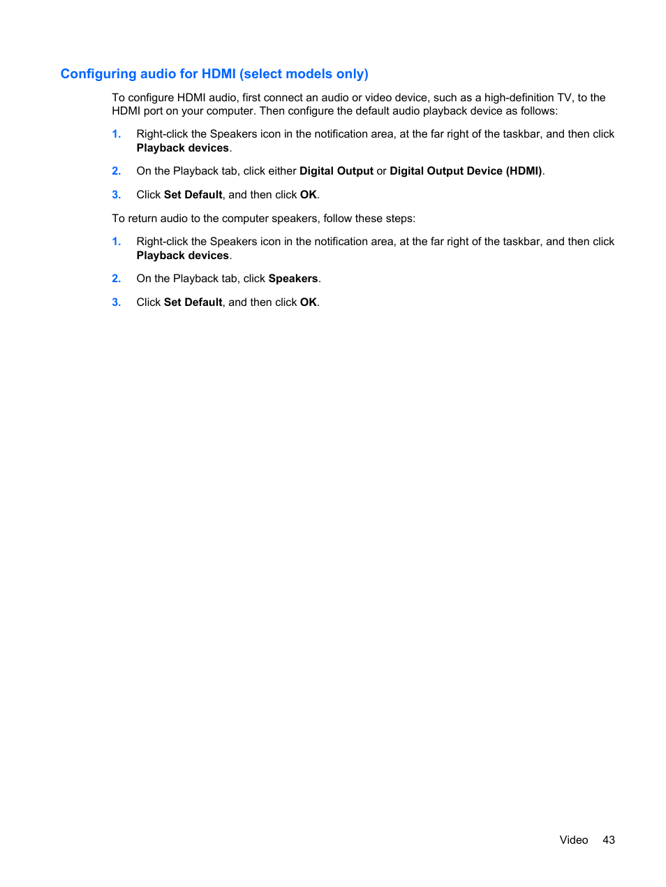 Configuring audio for hdmi (select models only) | HP G62-a21EZ Notebook PC User Manual | Page 53 / 126