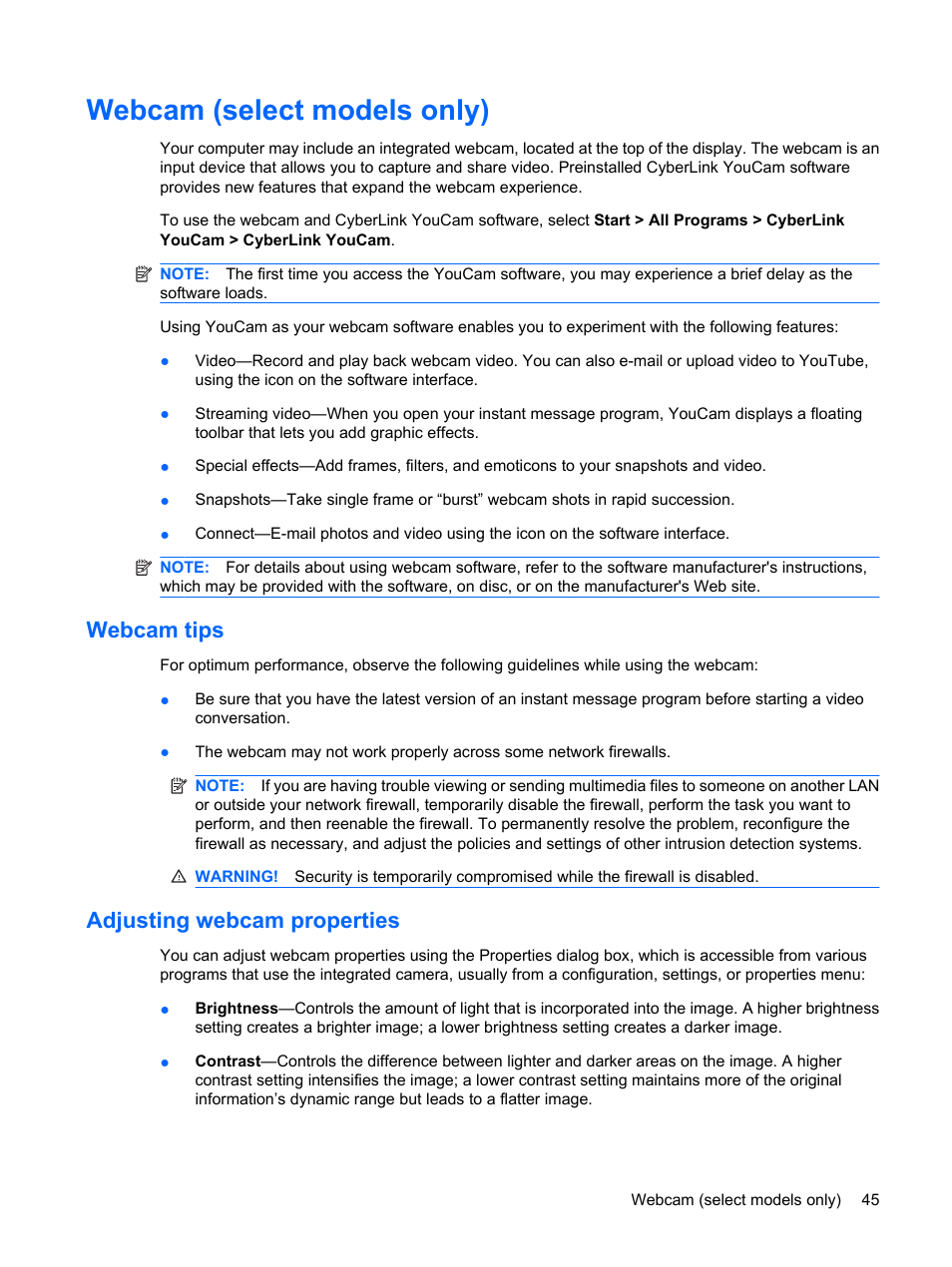 Webcam (select models only), Webcam tips, Adjusting webcam properties | Webcam tips adjusting webcam properties | HP G62-a21EZ Notebook PC User Manual | Page 55 / 126