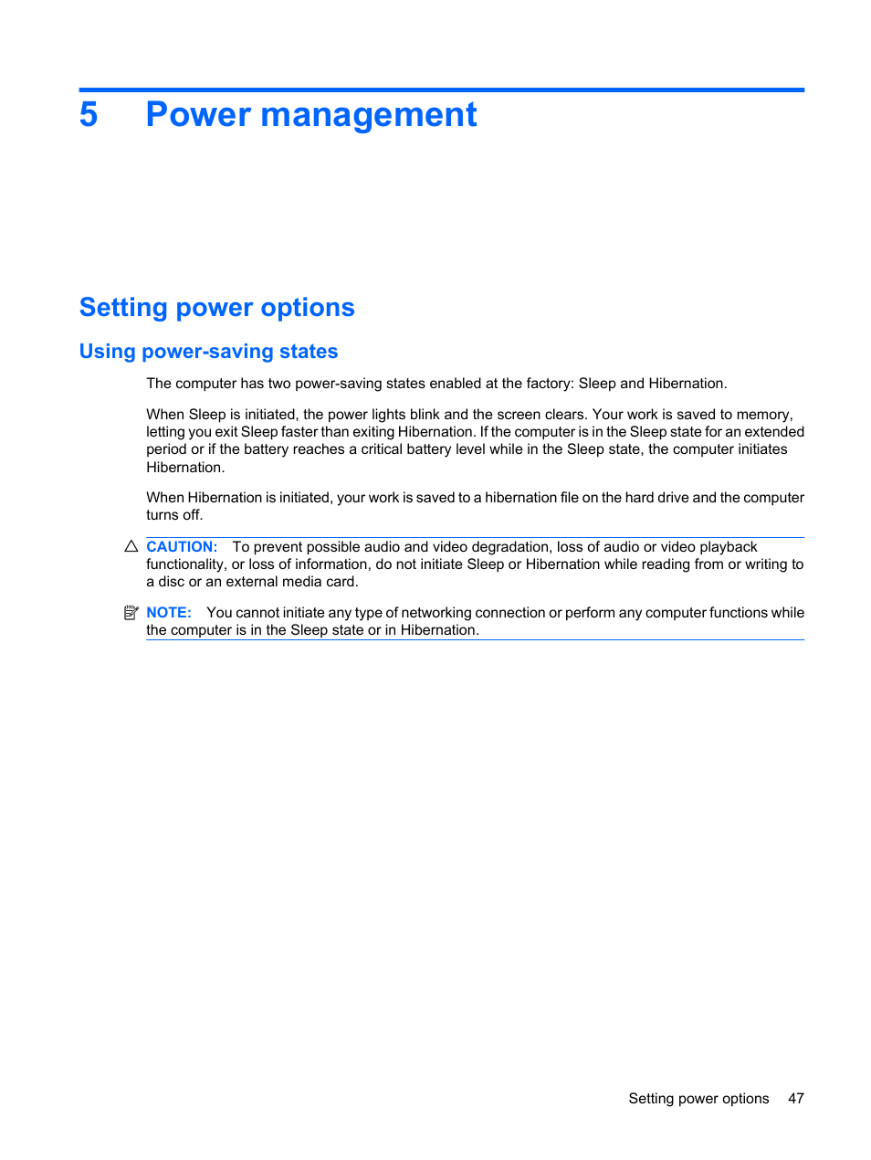 Power management, Setting power options, Using power-saving states | 5 power management, 5power management | HP G62-a21EZ Notebook PC User Manual | Page 57 / 126