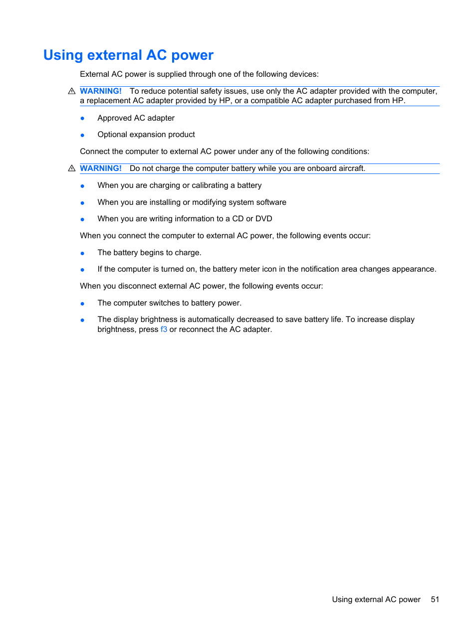 Using external ac power | HP G62-a21EZ Notebook PC User Manual | Page 61 / 126