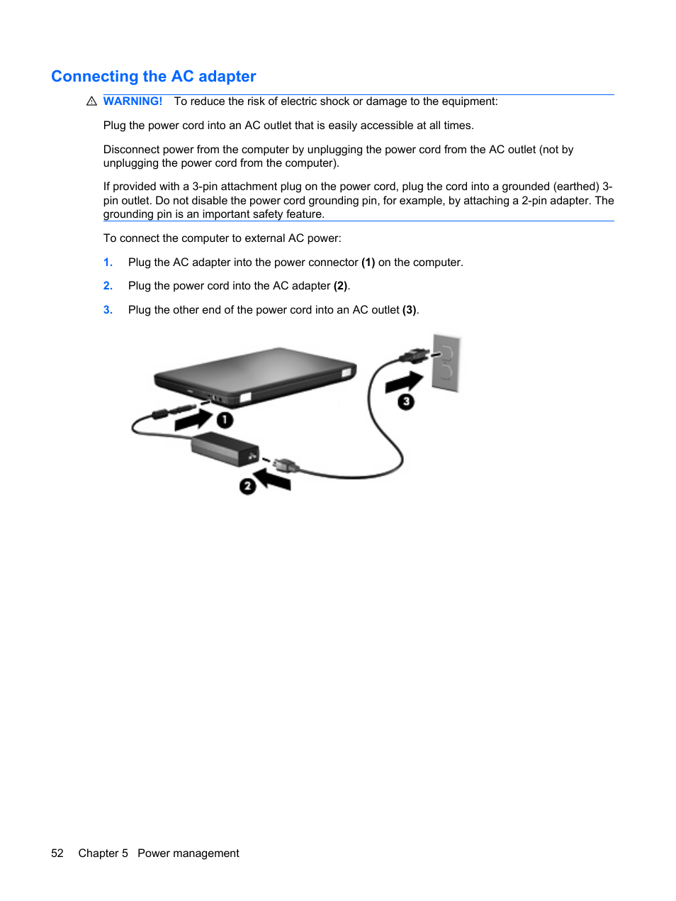 Connecting the ac adapter | HP G62-a21EZ Notebook PC User Manual | Page 62 / 126