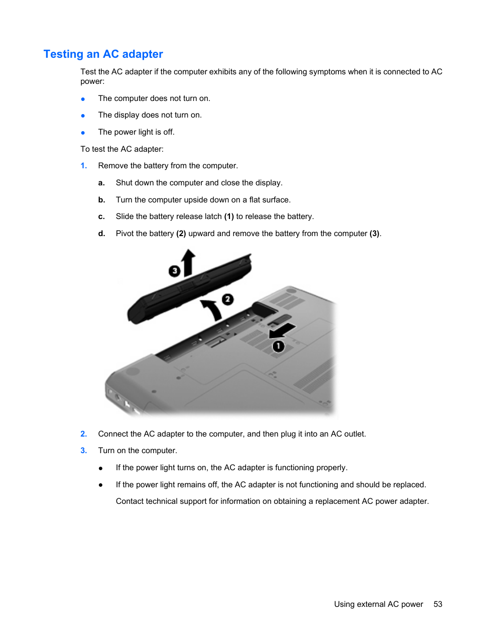 Testing an ac adapter | HP G62-a21EZ Notebook PC User Manual | Page 63 / 126