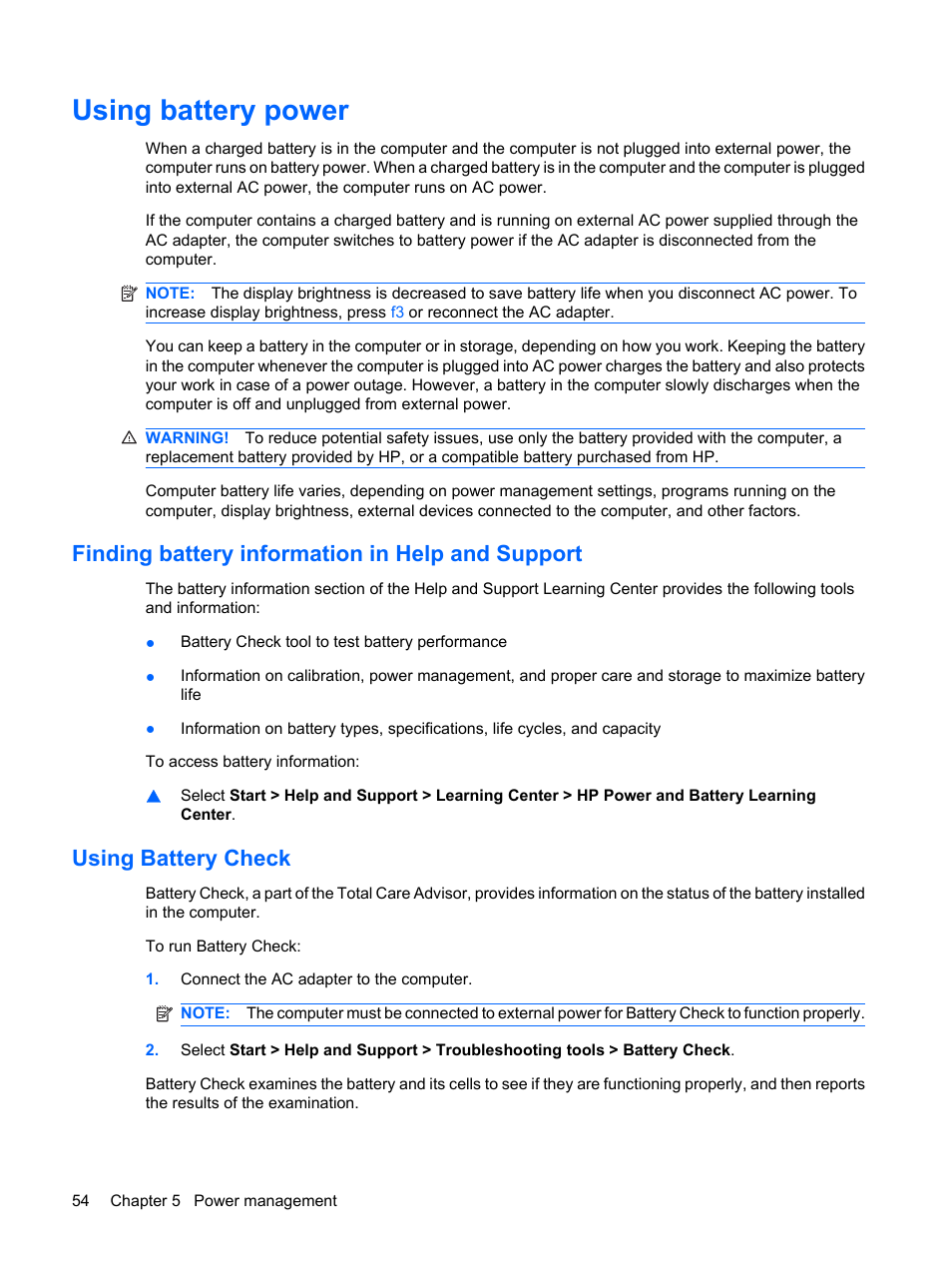 Using battery power, Finding battery information in help and support, Using battery check | HP G62-a21EZ Notebook PC User Manual | Page 64 / 126