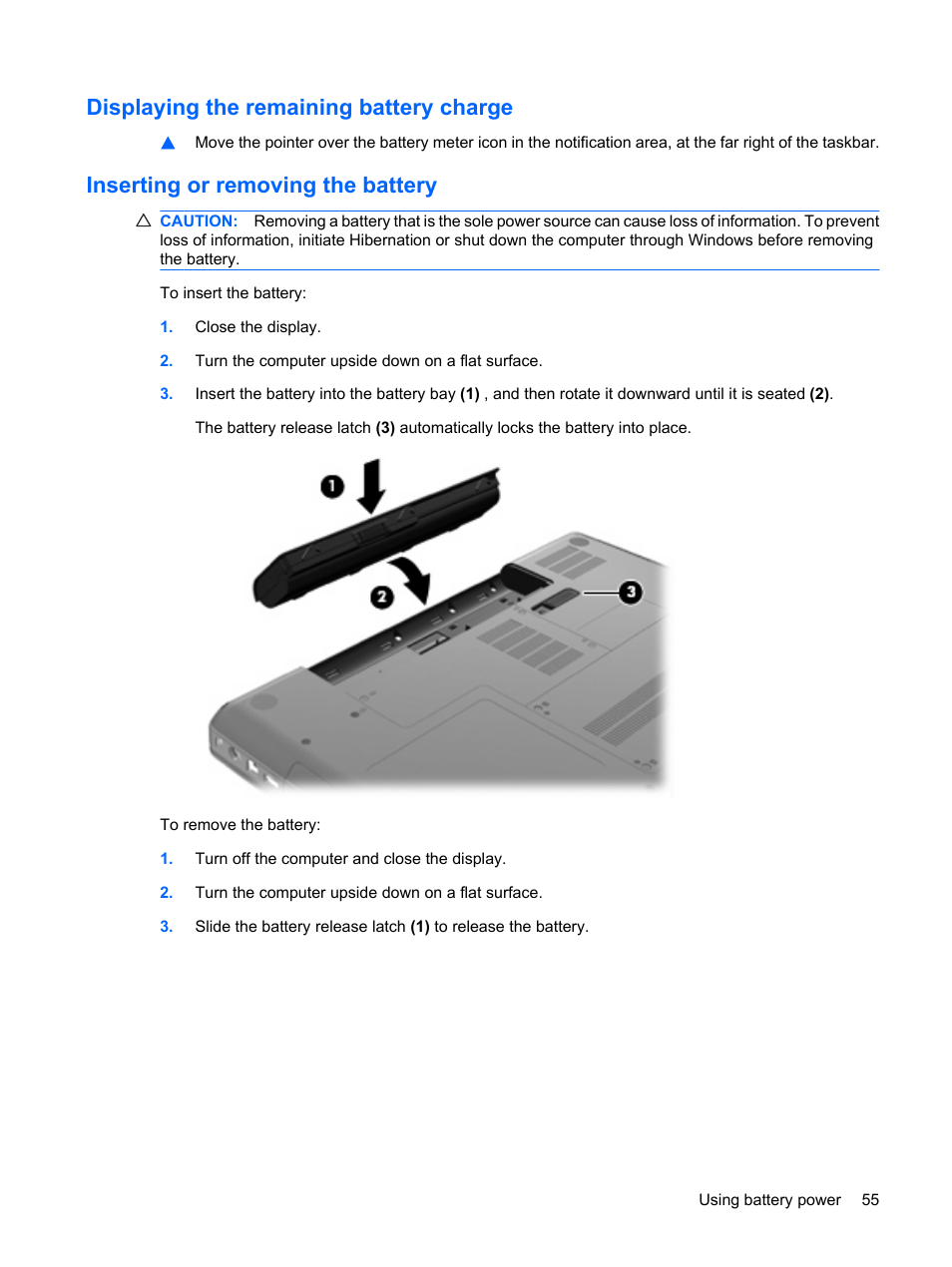 Displaying the remaining battery charge, Inserting or removing the battery | HP G62-a21EZ Notebook PC User Manual | Page 65 / 126