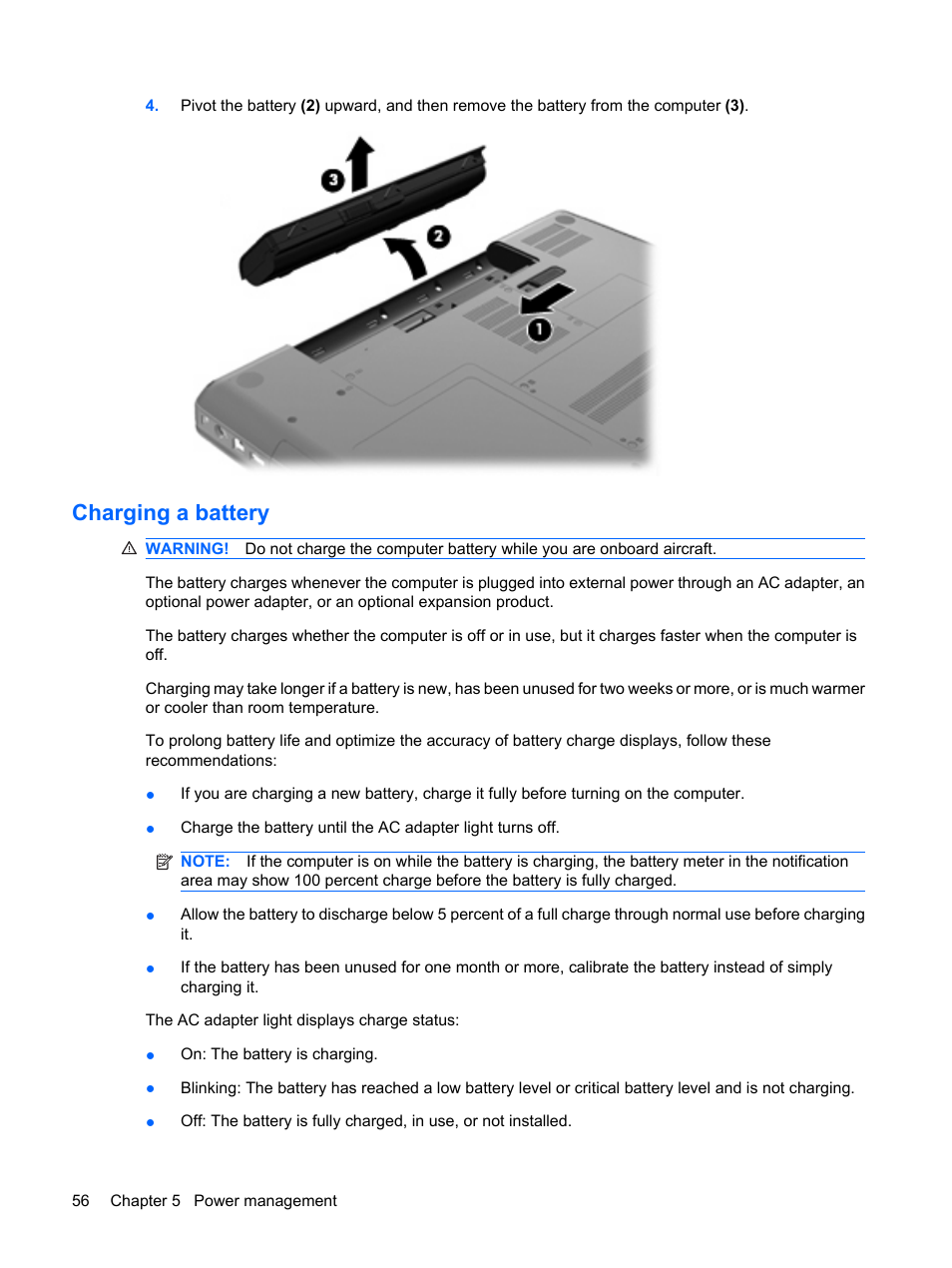 Charging a battery | HP G62-a21EZ Notebook PC User Manual | Page 66 / 126