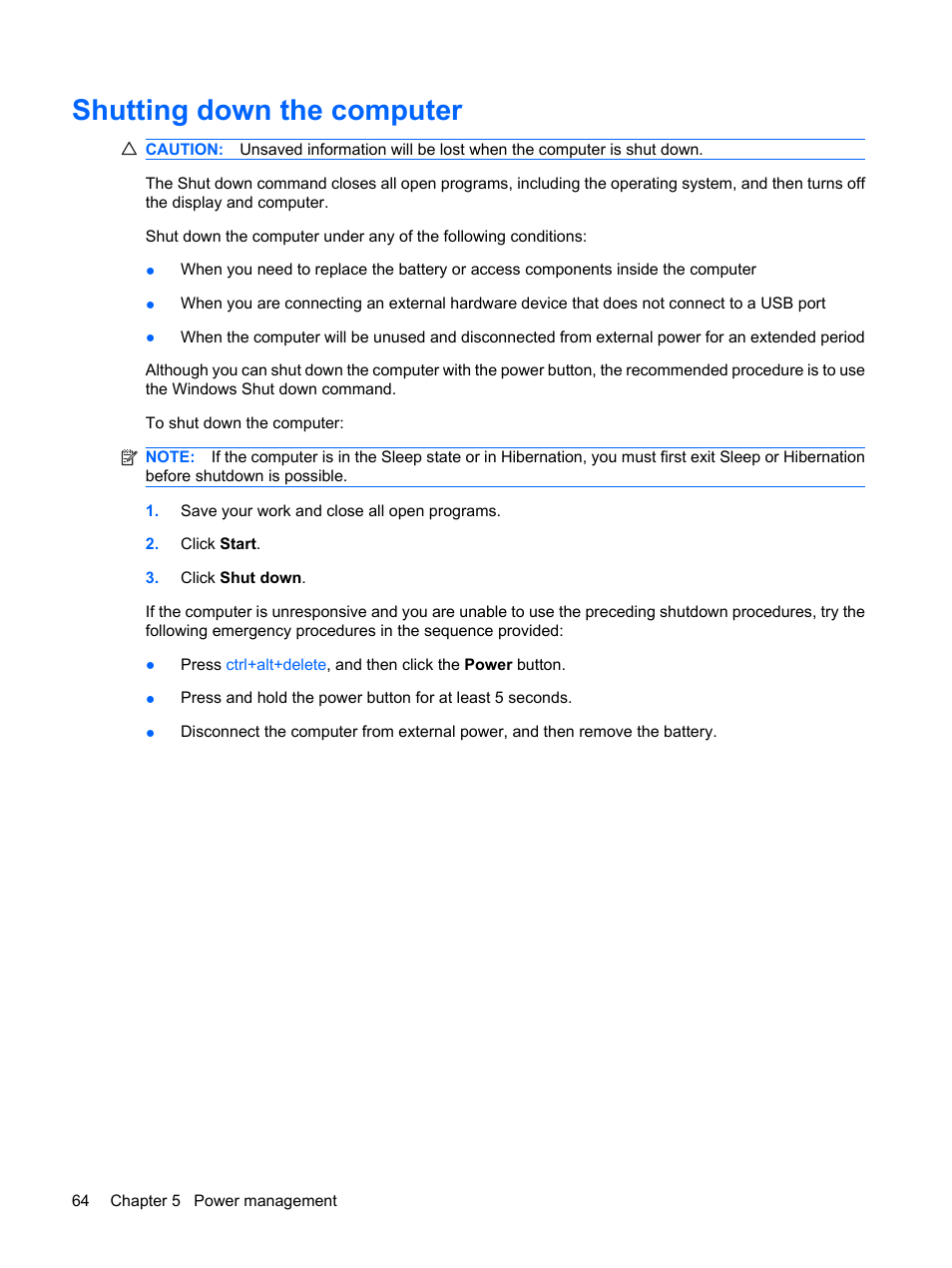 Shutting down the computer | HP G62-a21EZ Notebook PC User Manual | Page 74 / 126