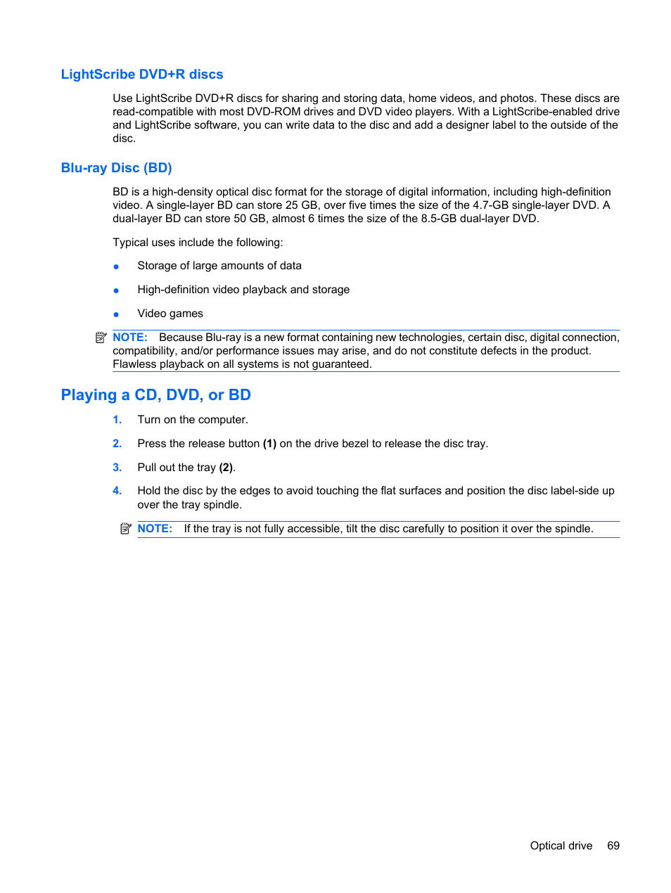 Lightscribe dvd+r discs, Blu-ray disc (bd), Playing a cd, dvd, or bd | Lightscribe dvd+r discs blu-ray disc (bd) | HP G62-a21EZ Notebook PC User Manual | Page 79 / 126