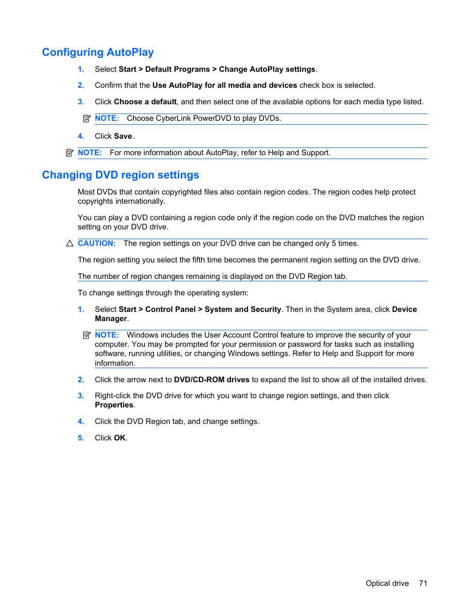 Configuring autoplay, Changing dvd region settings, Configuring autoplay changing dvd region settings | HP G62-a21EZ Notebook PC User Manual | Page 81 / 126