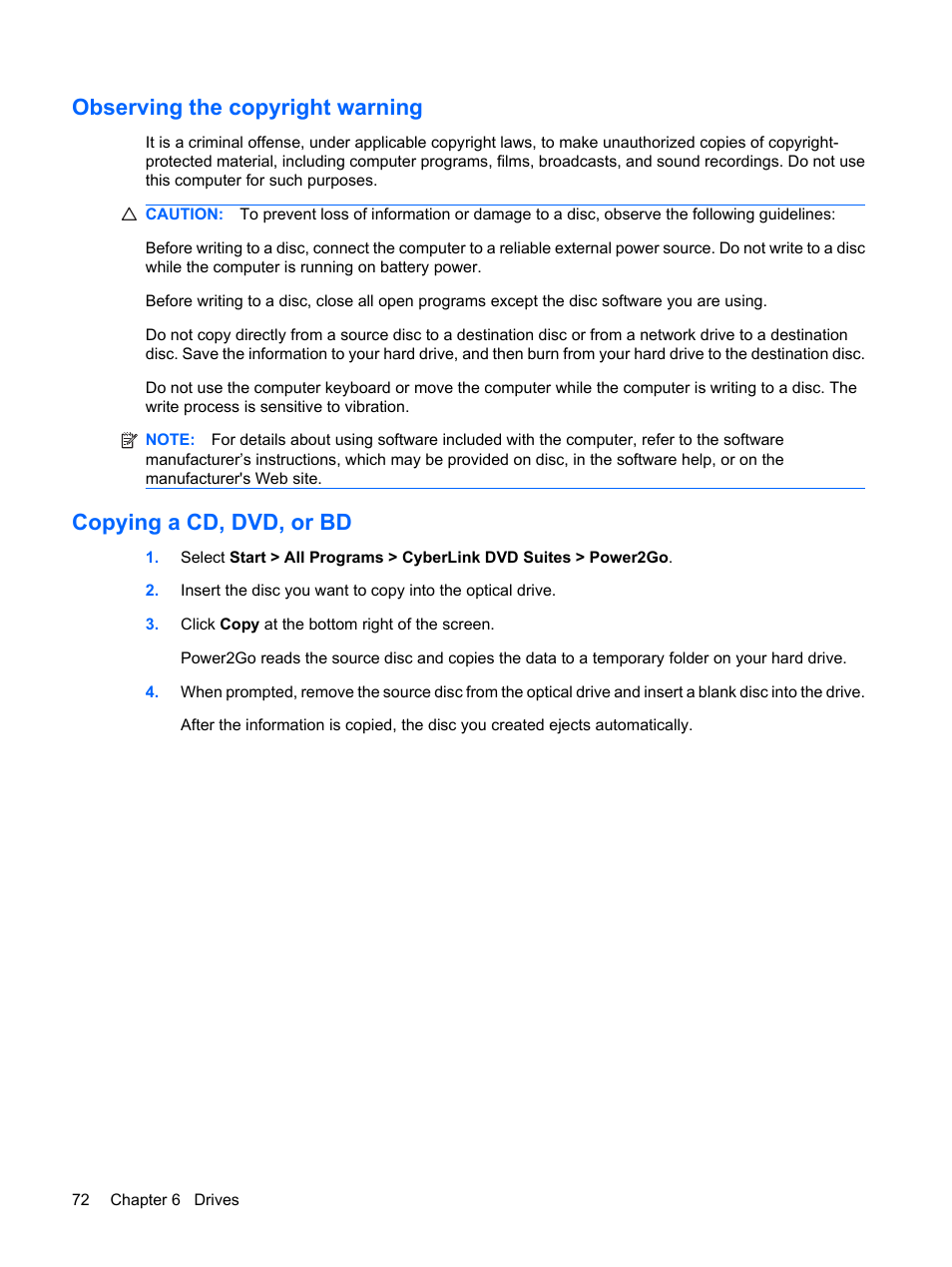 Observing the copyright warning, Copying a cd, dvd, or bd | HP G62-a21EZ Notebook PC User Manual | Page 82 / 126