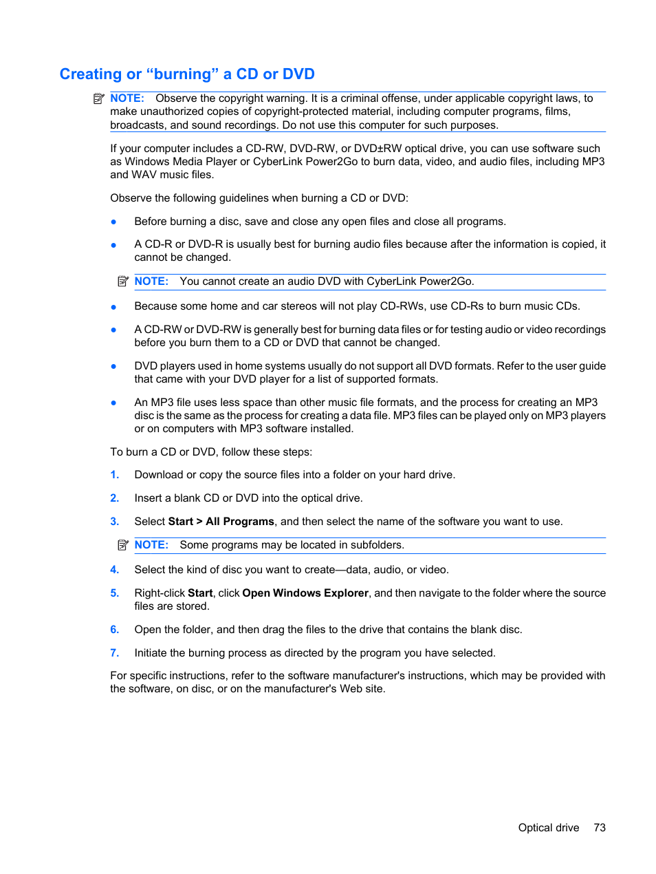 Creating or “burning” a cd or dvd | HP G62-a21EZ Notebook PC User Manual | Page 83 / 126