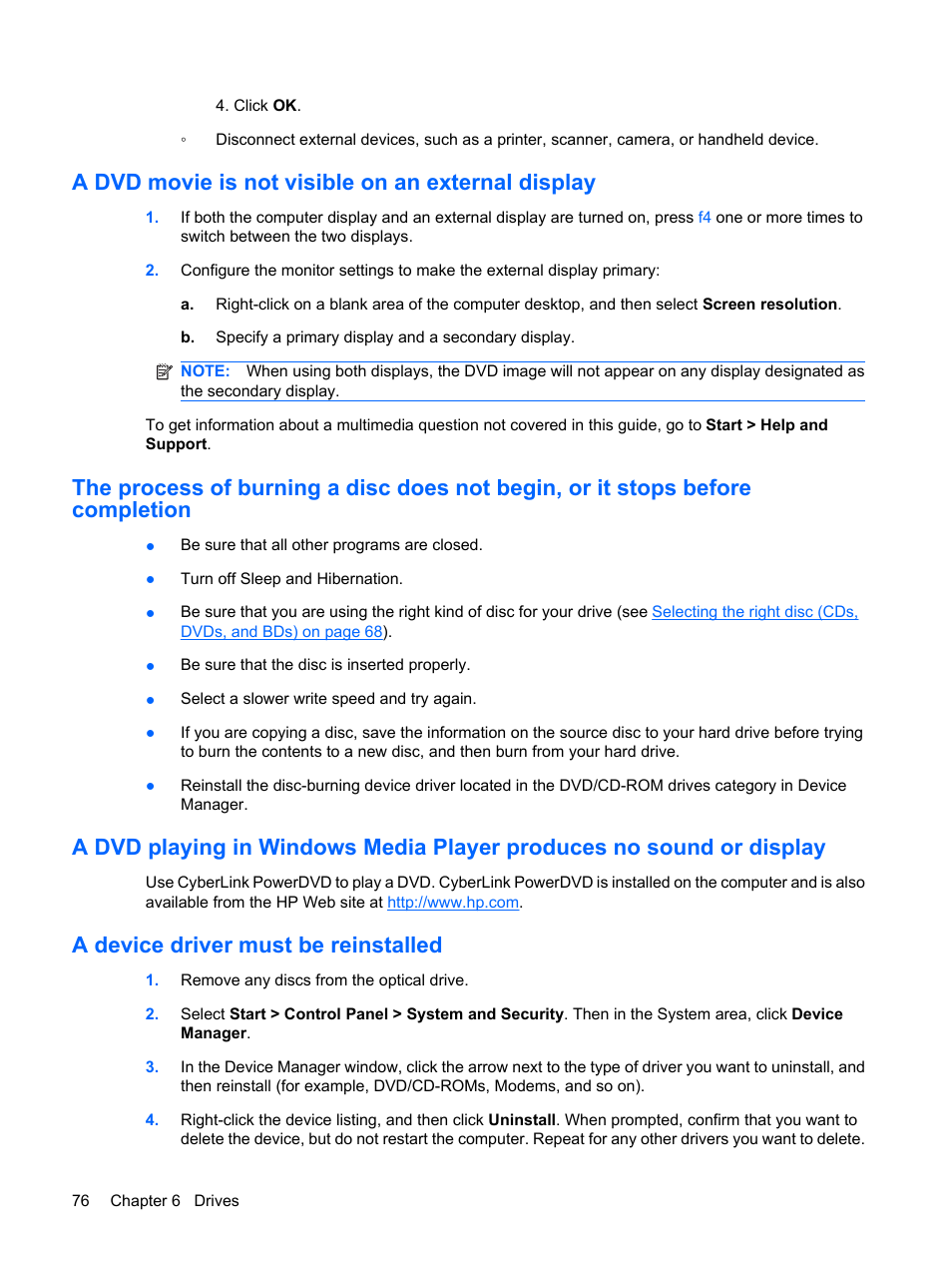 A dvd movie is not visible on an external display, A device driver must be reinstalled | HP G62-a21EZ Notebook PC User Manual | Page 86 / 126