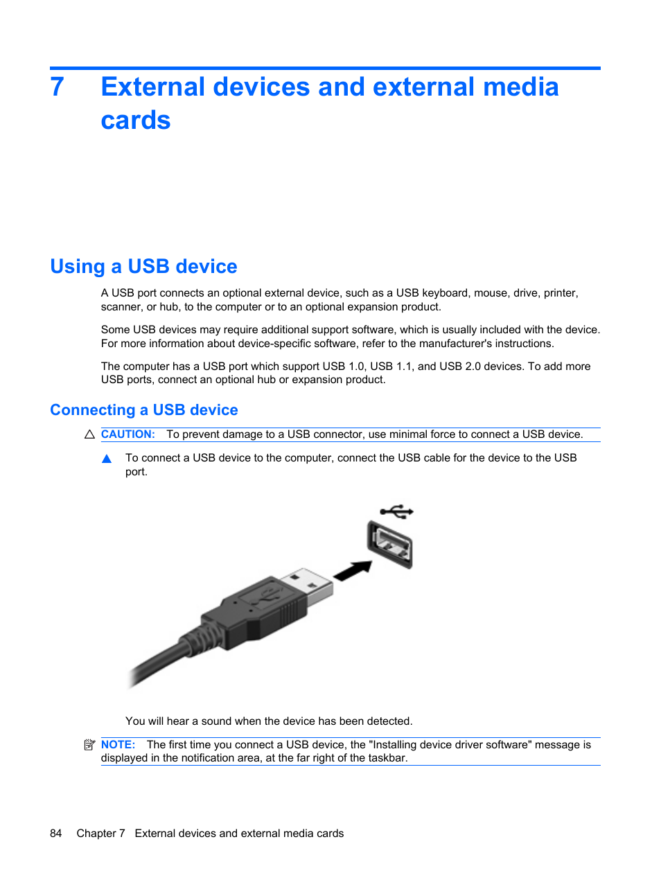External devices and external media cards, Using a usb device, Connecting a usb device | 7 external devices and external media cards, 7external devices and external media cards | HP G62-a21EZ Notebook PC User Manual | Page 94 / 126