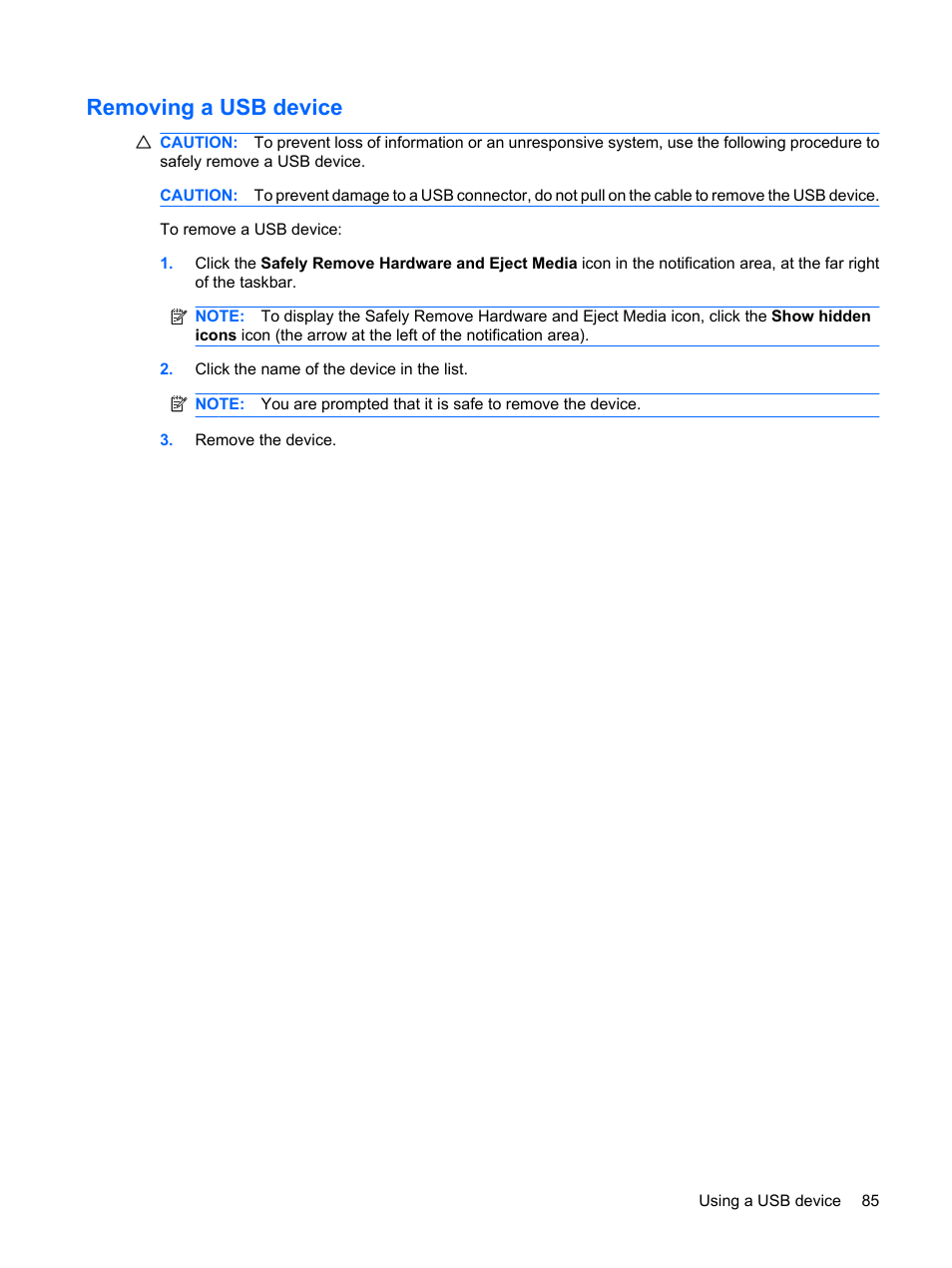 Removing a usb device | HP G62-a21EZ Notebook PC User Manual | Page 95 / 126