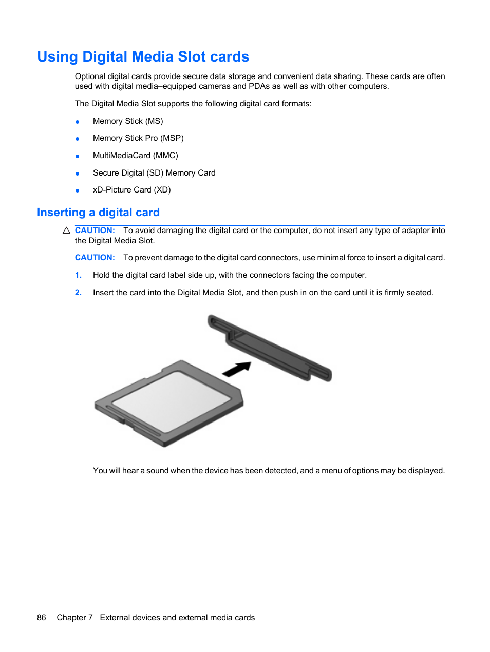 Using digital media slot cards, Inserting a digital card | HP G62-a21EZ Notebook PC User Manual | Page 96 / 126