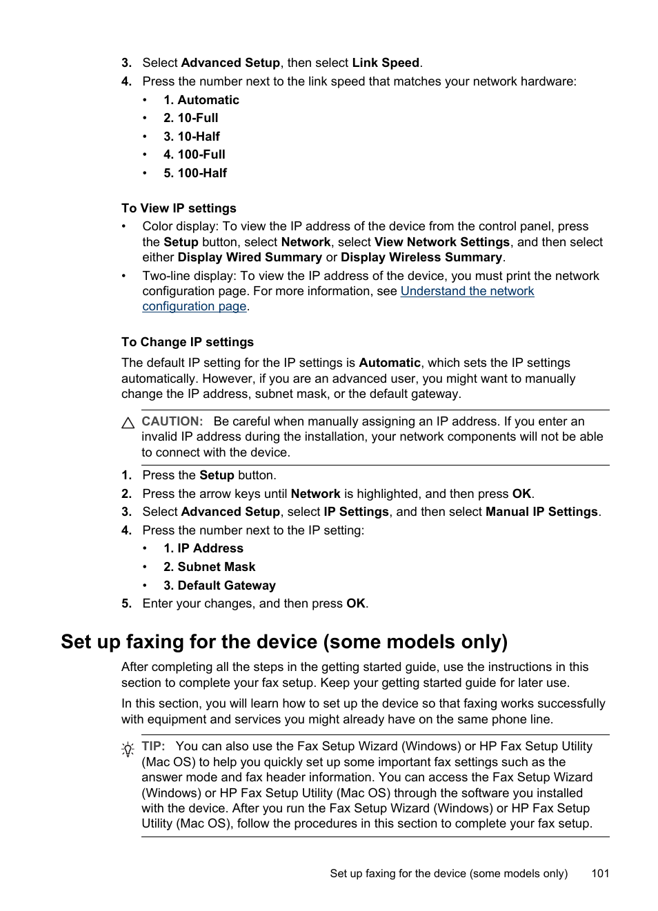 To view ip settings, To change ip settings, Set up faxing for the device (some models only) | Set up faxing (parallel phone systems), Serial-type fax setup | HP Officejet Pro L7380 All-in-One Printer User Manual | Page 105 / 245