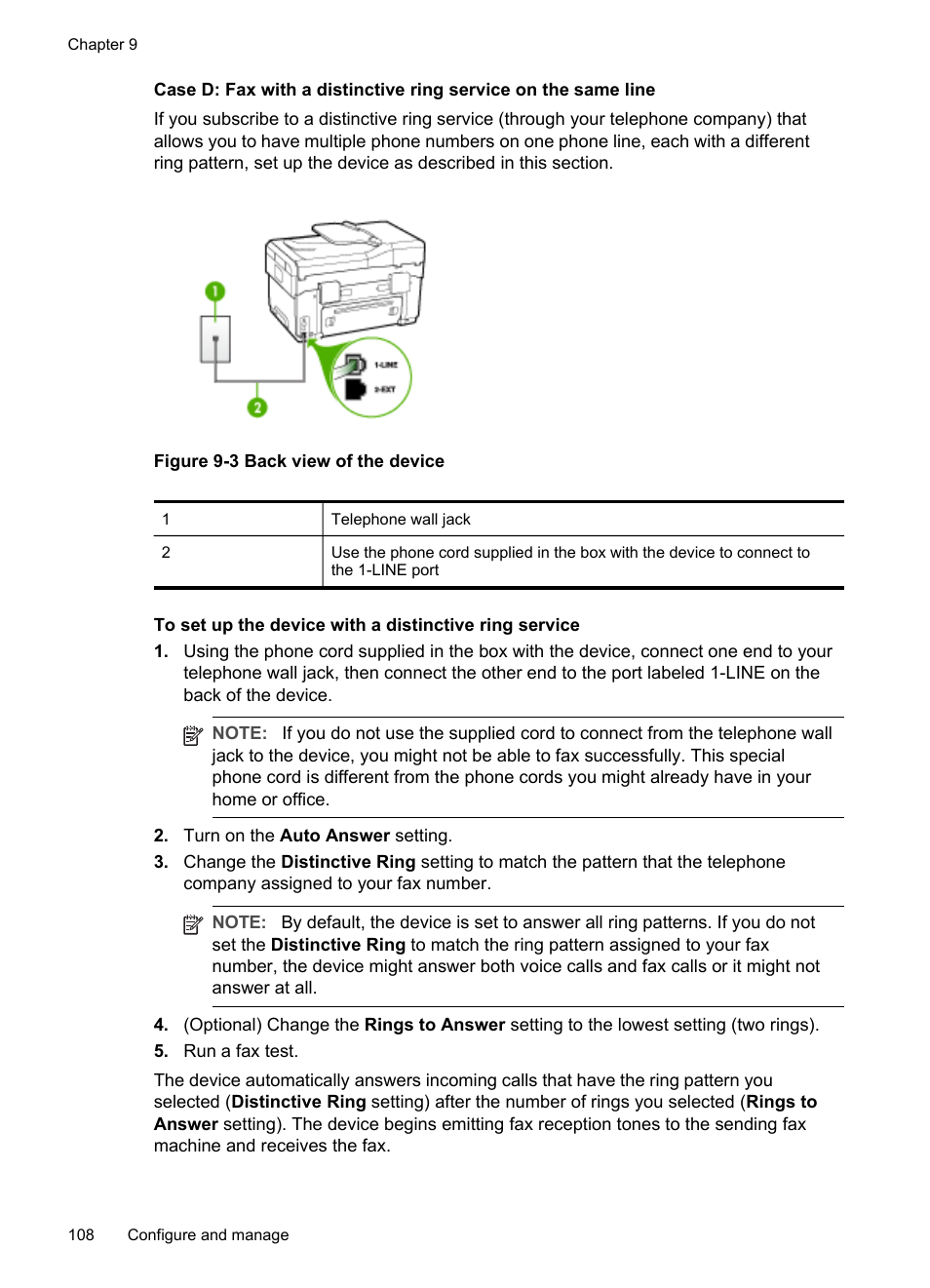 Case d: fax with a distinctive ring service, On the same line | HP Officejet Pro L7380 All-in-One Printer User Manual | Page 112 / 245