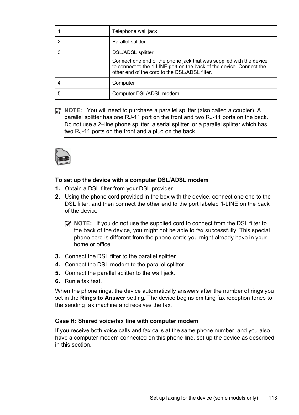 Case h: shared voice/fax line with computer modem | HP Officejet Pro L7380 All-in-One Printer User Manual | Page 117 / 245