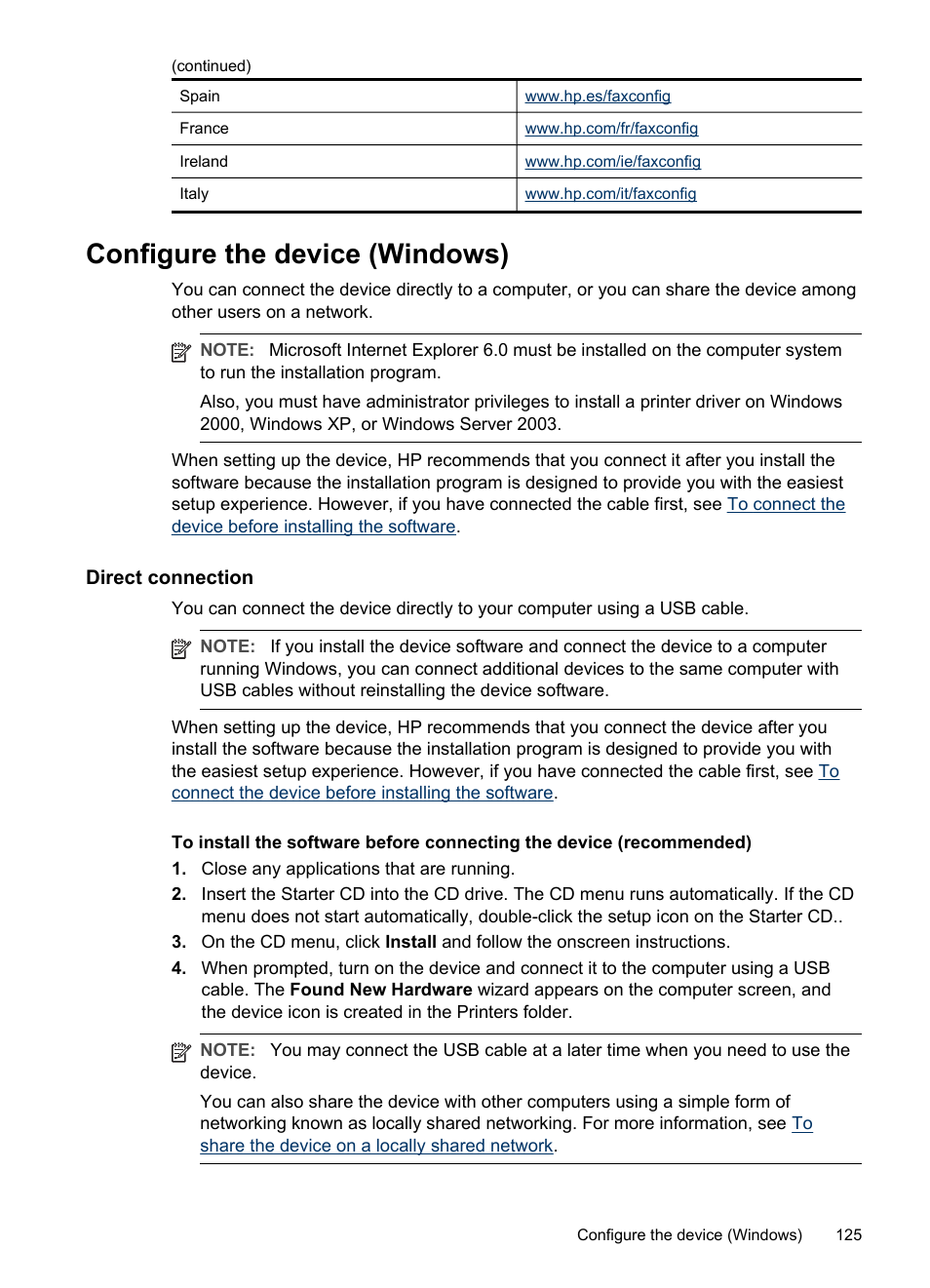 Configure the device (windows), Direct connection, Network connection | HP Officejet Pro L7380 All-in-One Printer User Manual | Page 129 / 245