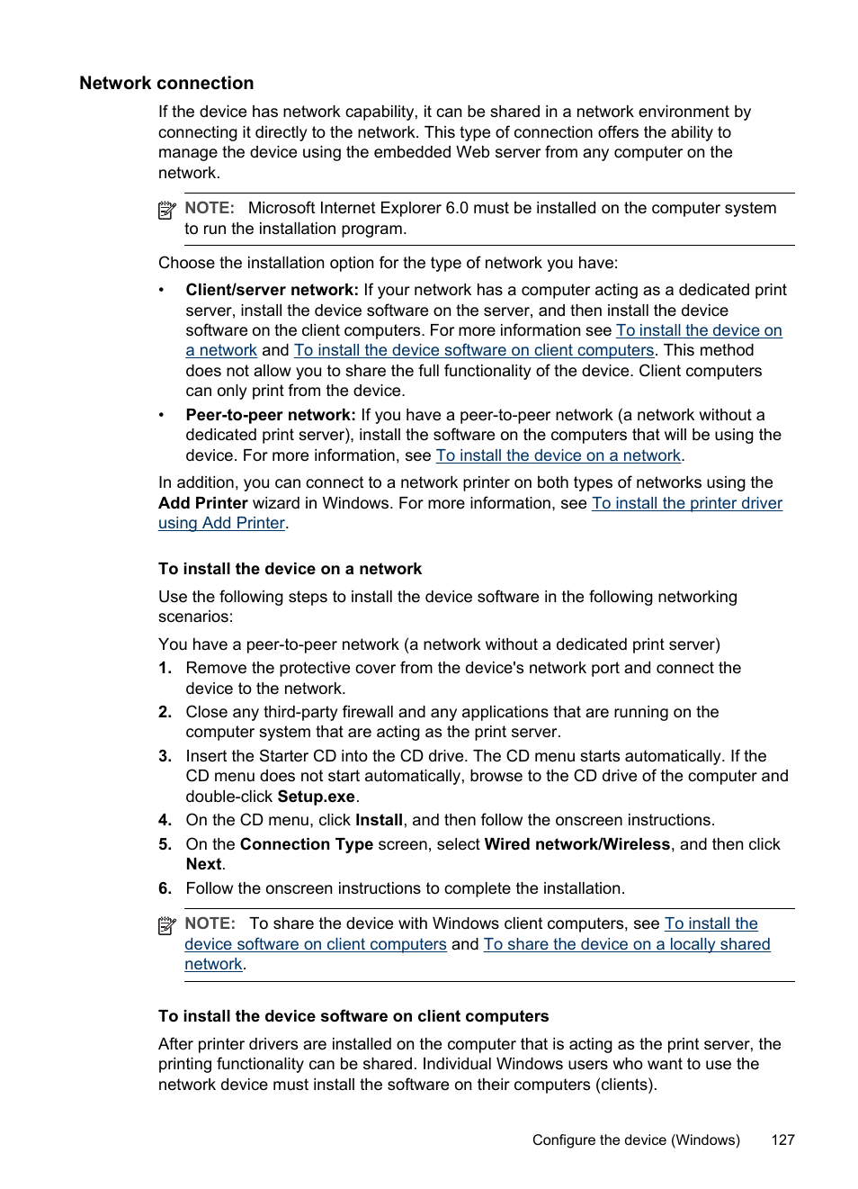 Network connection, To install the device on a network, To install the device software on client computers | HP Officejet Pro L7380 All-in-One Printer User Manual | Page 131 / 245