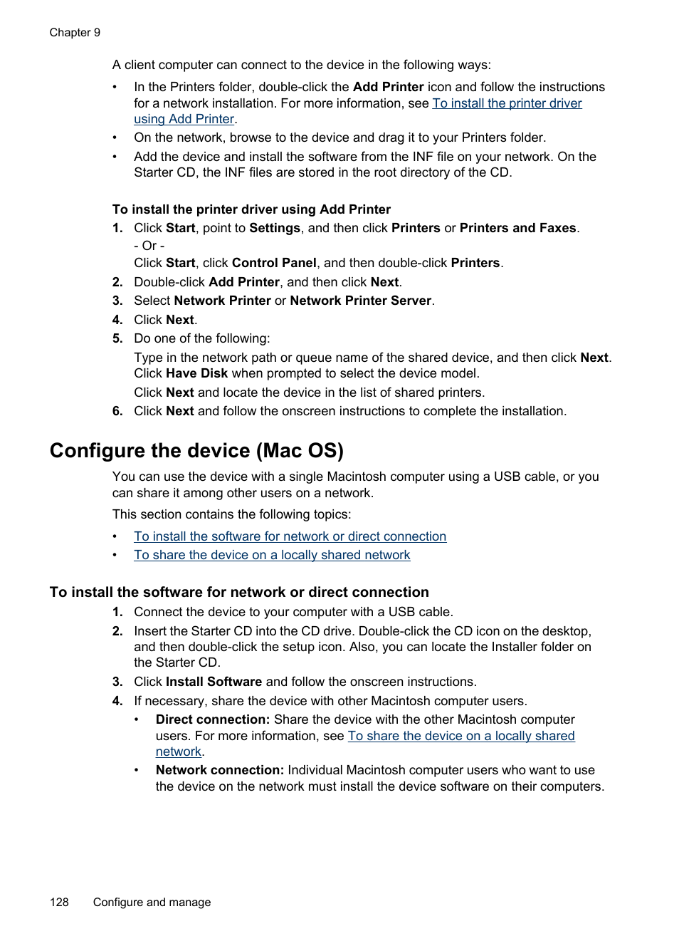 To install the printer driver using add printer, Configure the device (mac os), To install the printer driver | Using add printer | HP Officejet Pro L7380 All-in-One Printer User Manual | Page 132 / 245
