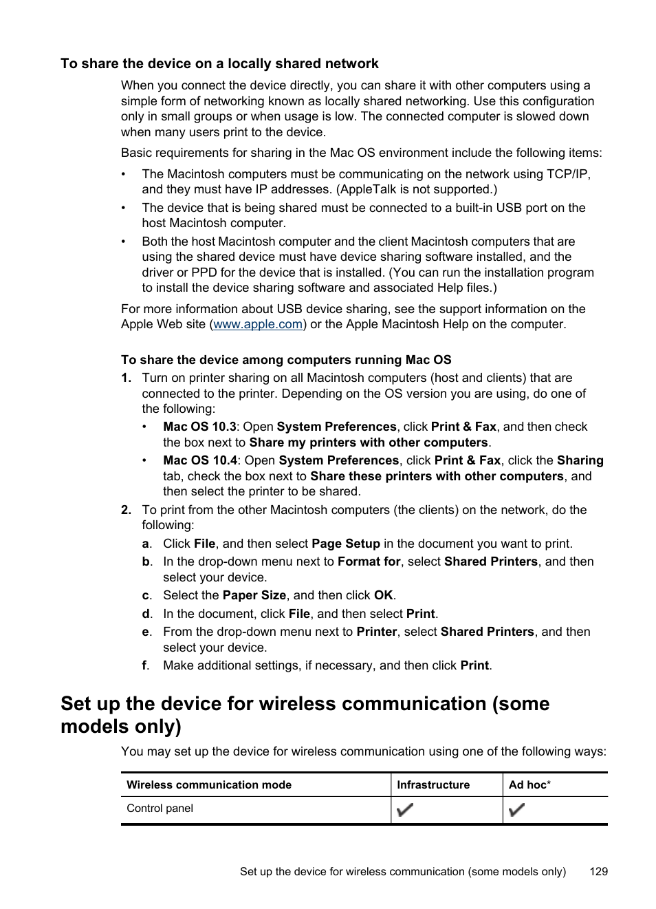 To share the device on a locally shared network, Set up, Set up the | Set up the device for, Wireless communication (some models only), Set up the device for wireless communication, Some models only), To share the device on a locally shared, Network | HP Officejet Pro L7380 All-in-One Printer User Manual | Page 133 / 245