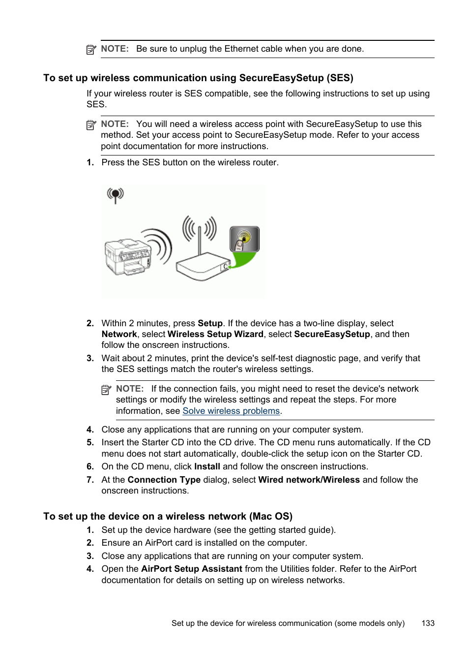 To set up the device on, A wireless network (mac os), To set up wireless | Communication using secureeasysetup (ses) | HP Officejet Pro L7380 All-in-One Printer User Manual | Page 137 / 245