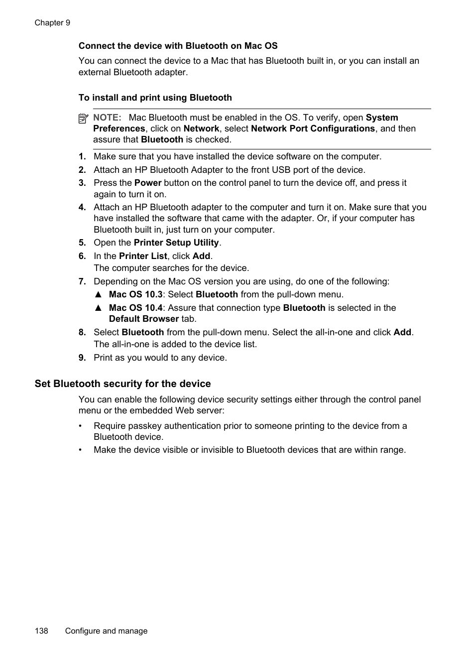 Connect the device with bluetooth on mac os, Set bluetooth security for the device | HP Officejet Pro L7380 All-in-One Printer User Manual | Page 142 / 245