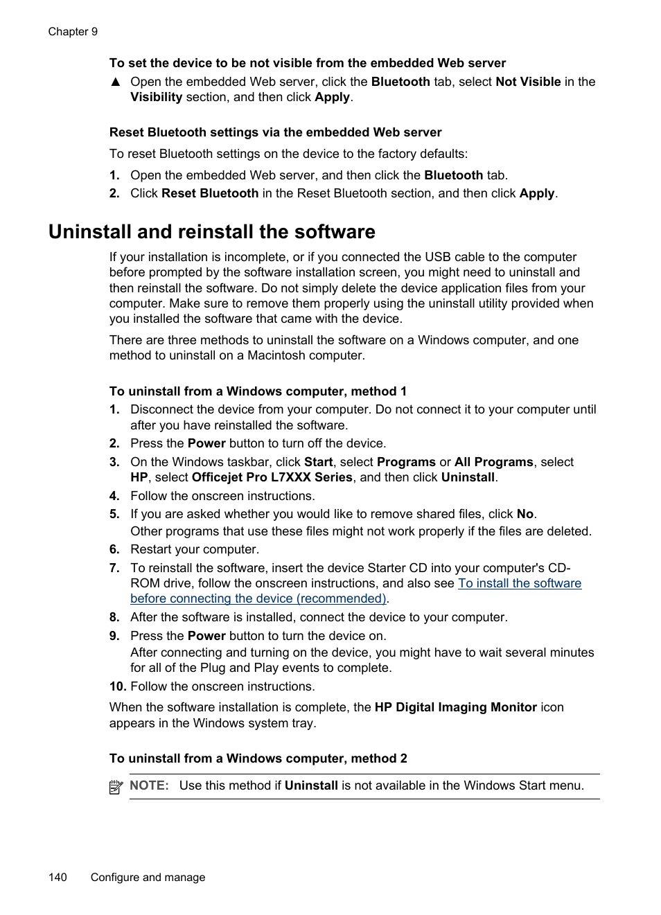 Uninstall and reinstall the software | HP Officejet Pro L7380 All-in-One Printer User Manual | Page 144 / 245