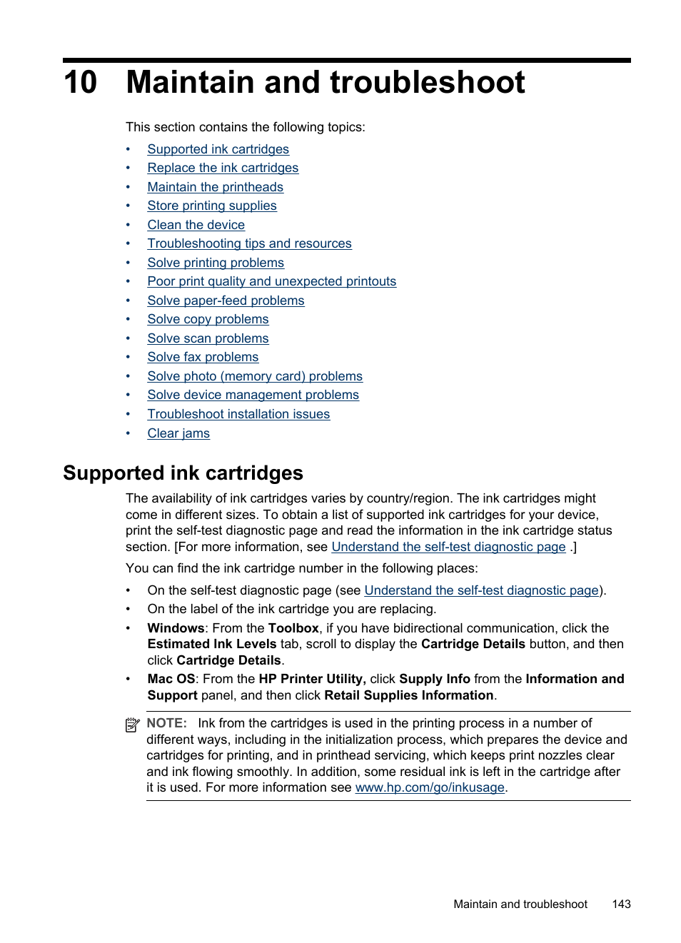 Maintain and troubleshoot, Supported ink cartridges, Maintain and | Troubleshoot, 10 maintain and troubleshoot | HP Officejet Pro L7380 All-in-One Printer User Manual | Page 147 / 245