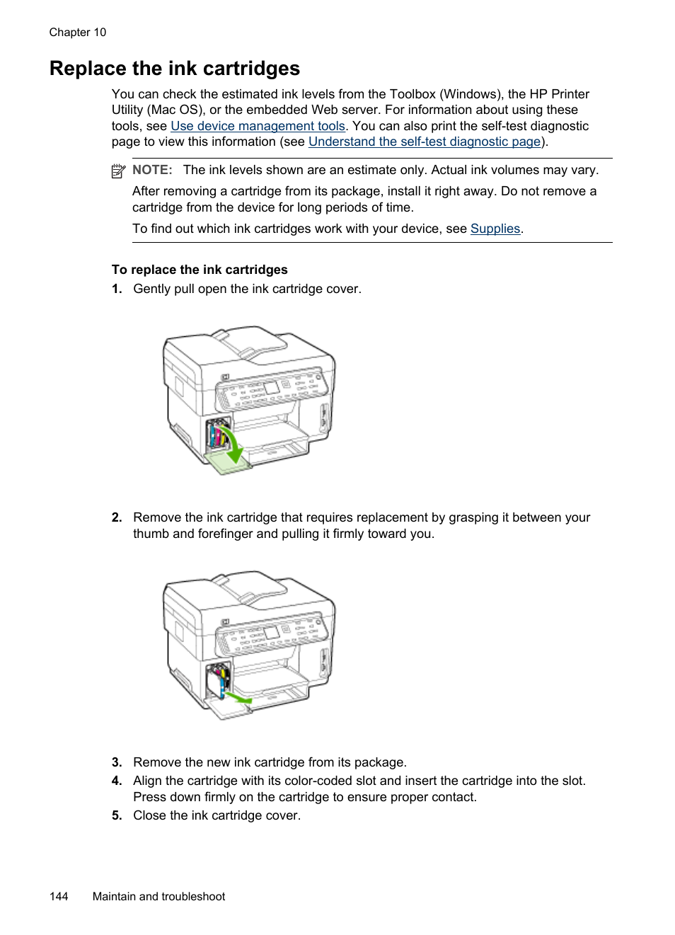Replace the ink cartridges | HP Officejet Pro L7380 All-in-One Printer User Manual | Page 148 / 245