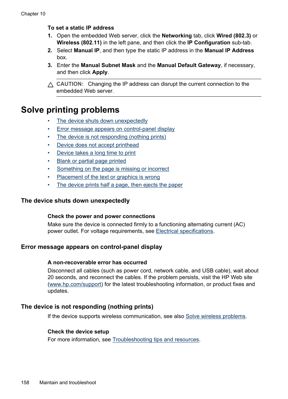 Solve printing problems, The device shuts down unexpectedly, Error message appears on control-panel display | The device is not responding (nothing prints) | HP Officejet Pro L7380 All-in-One Printer User Manual | Page 162 / 245