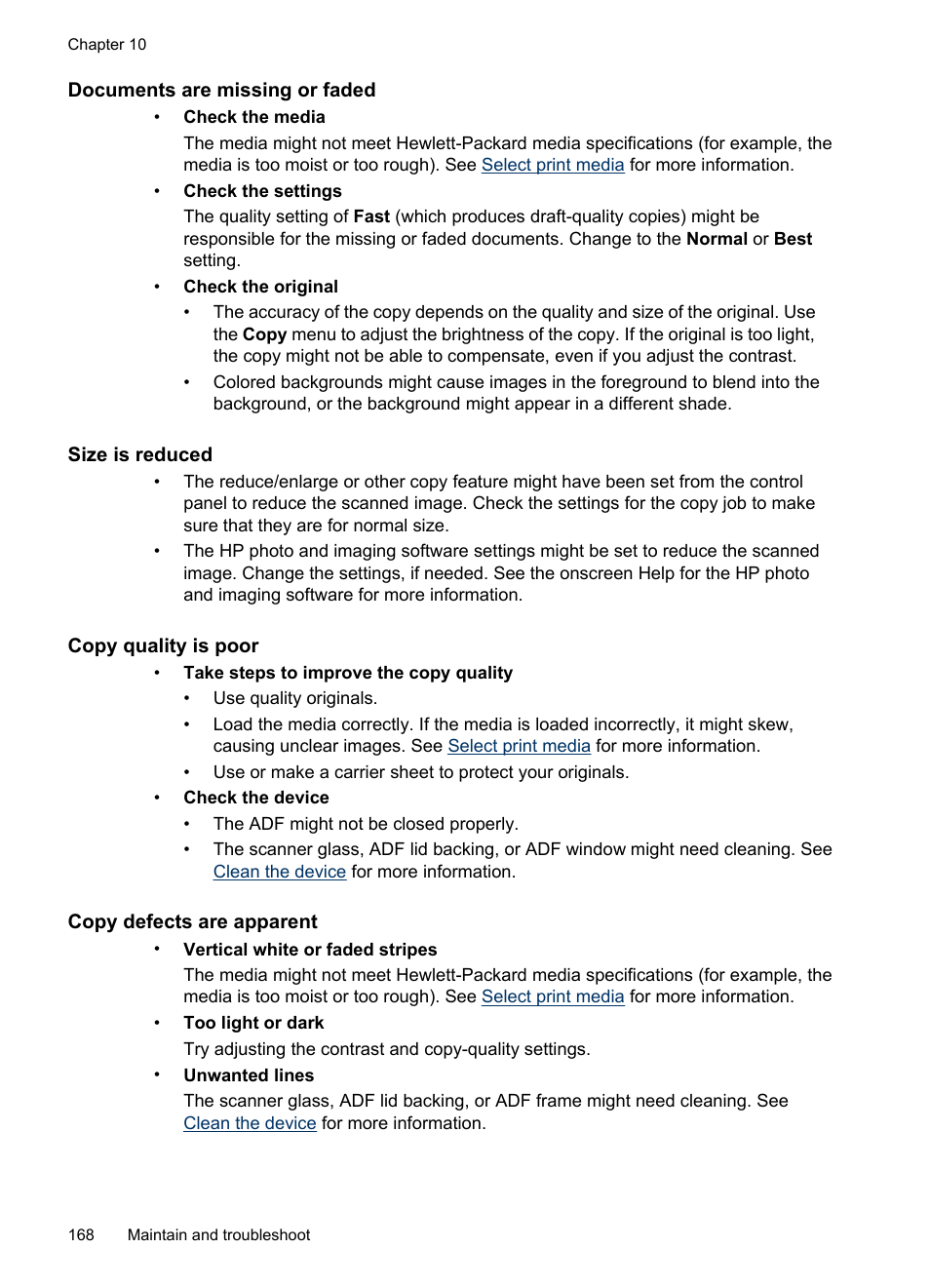 Documents are missing or faded, Size is reduced, Copy quality is poor | Copy defects are apparent | HP Officejet Pro L7380 All-in-One Printer User Manual | Page 172 / 245