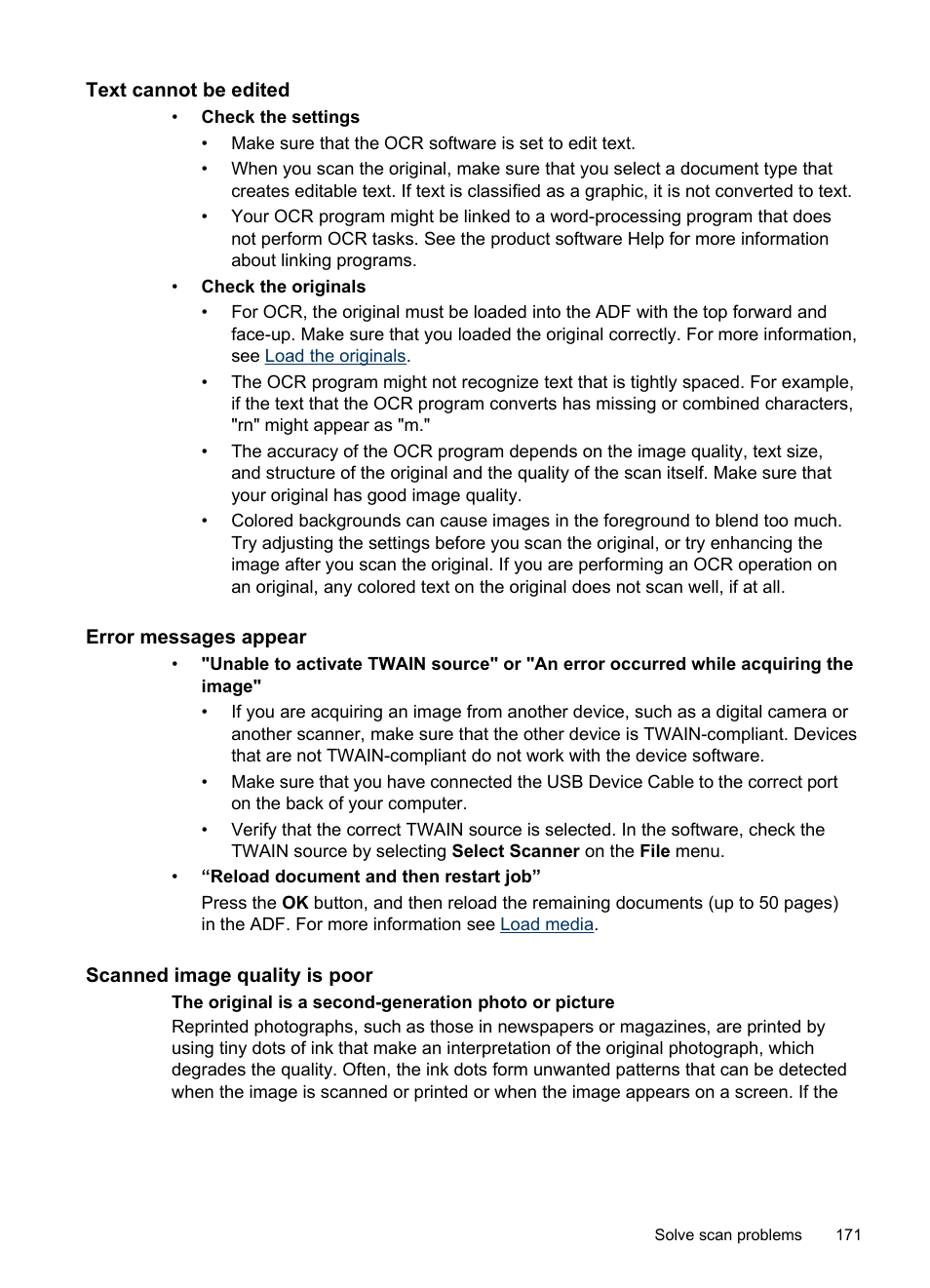 Text cannot be edited, Error messages appear, Scanned image quality is poor | HP Officejet Pro L7380 All-in-One Printer User Manual | Page 175 / 245