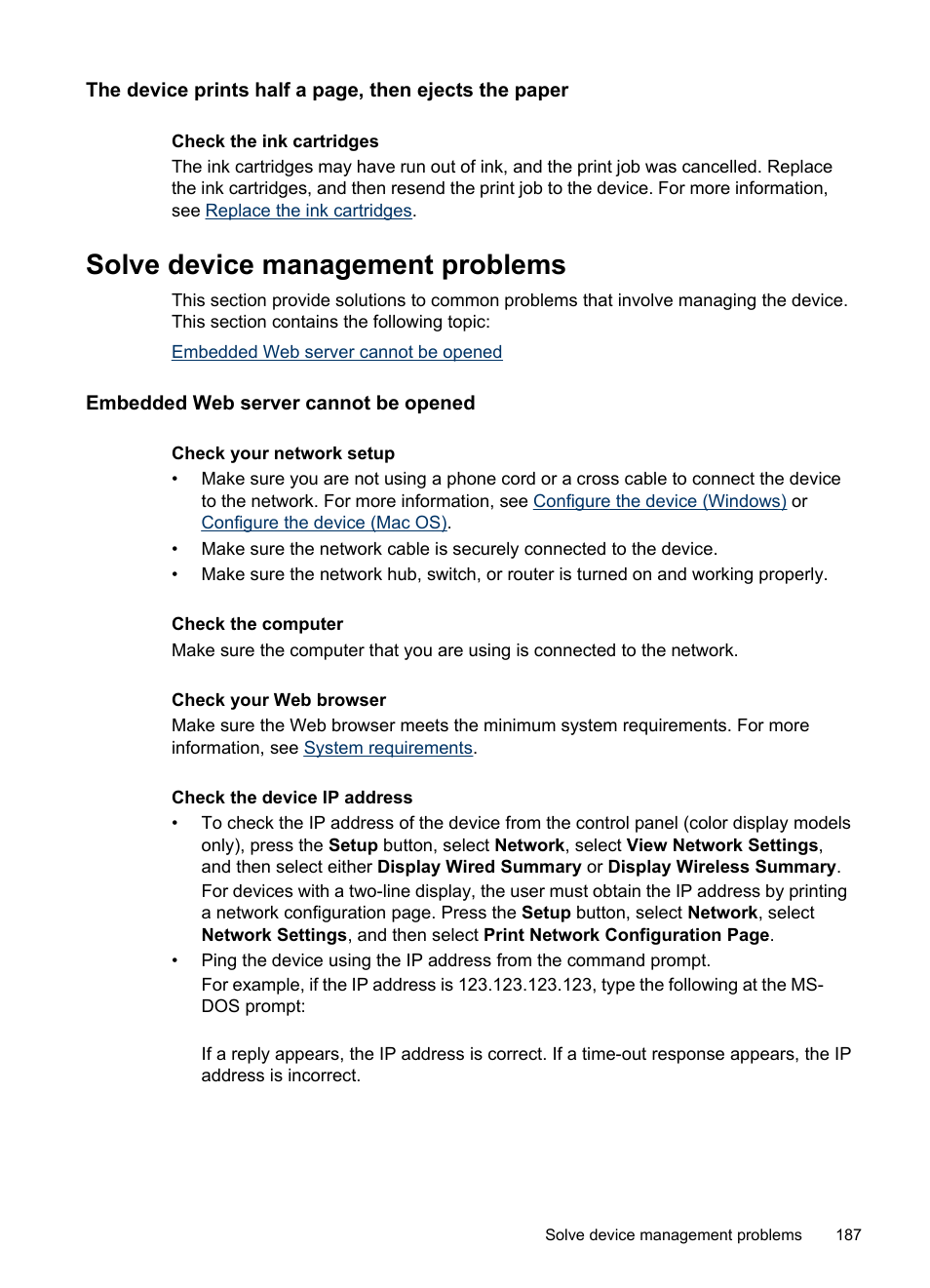 Solve device management problems, Embedded web server cannot be opened | HP Officejet Pro L7380 All-in-One Printer User Manual | Page 191 / 245